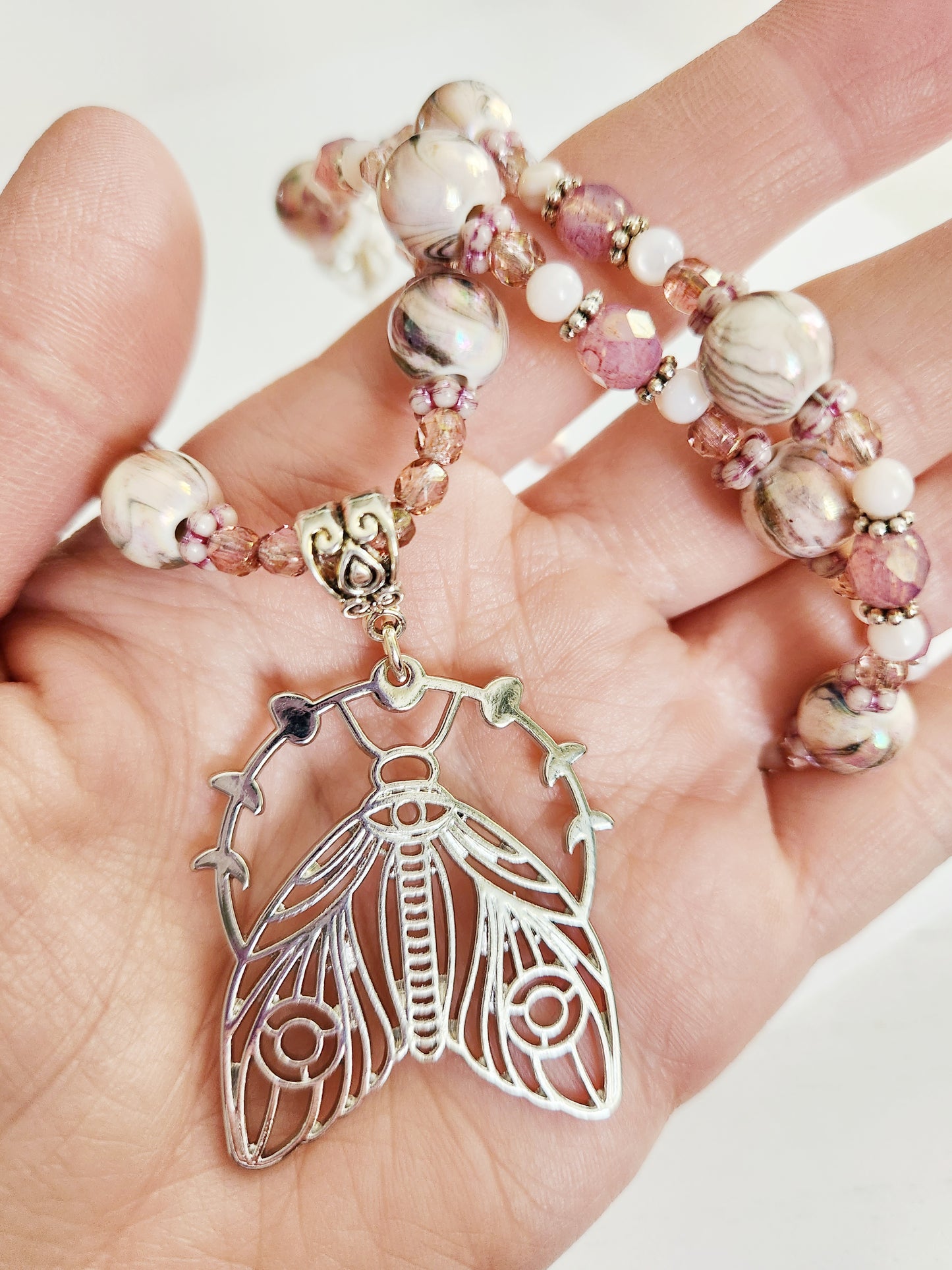 Silver Luna moth beaded necklace