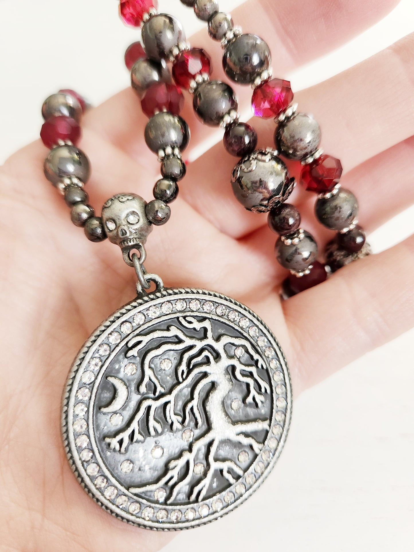 Silver spooky tree gemstone beaded necklace