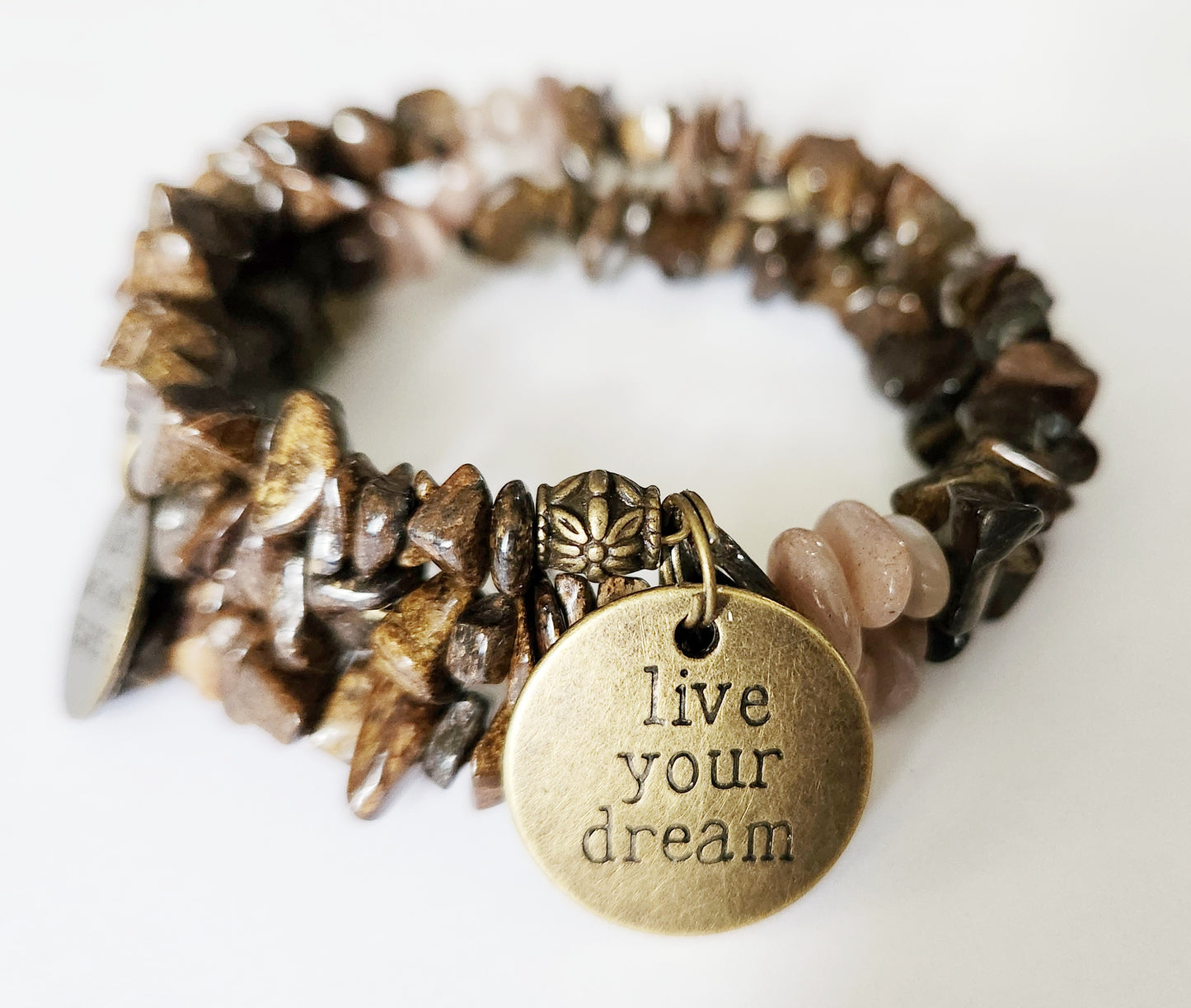 Peach Moonstone and Bronzite memory wire wrap bracelet