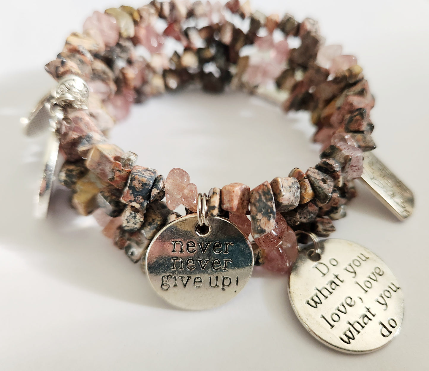 Leopardskin Jasper and Strawberry Quartz memory wire wrap bracelet