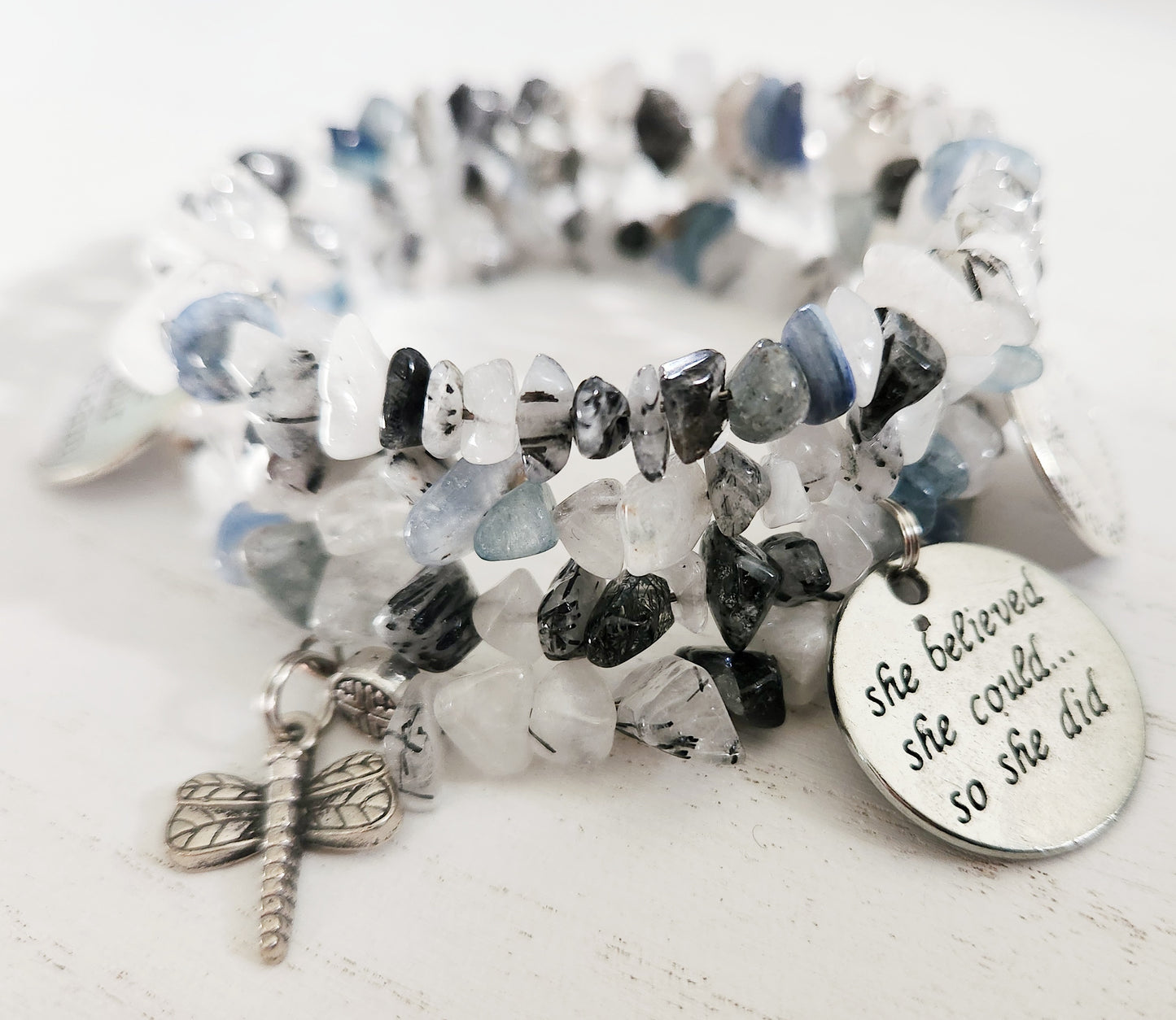 Quartz and Kyanite memory wire wrap bracelet