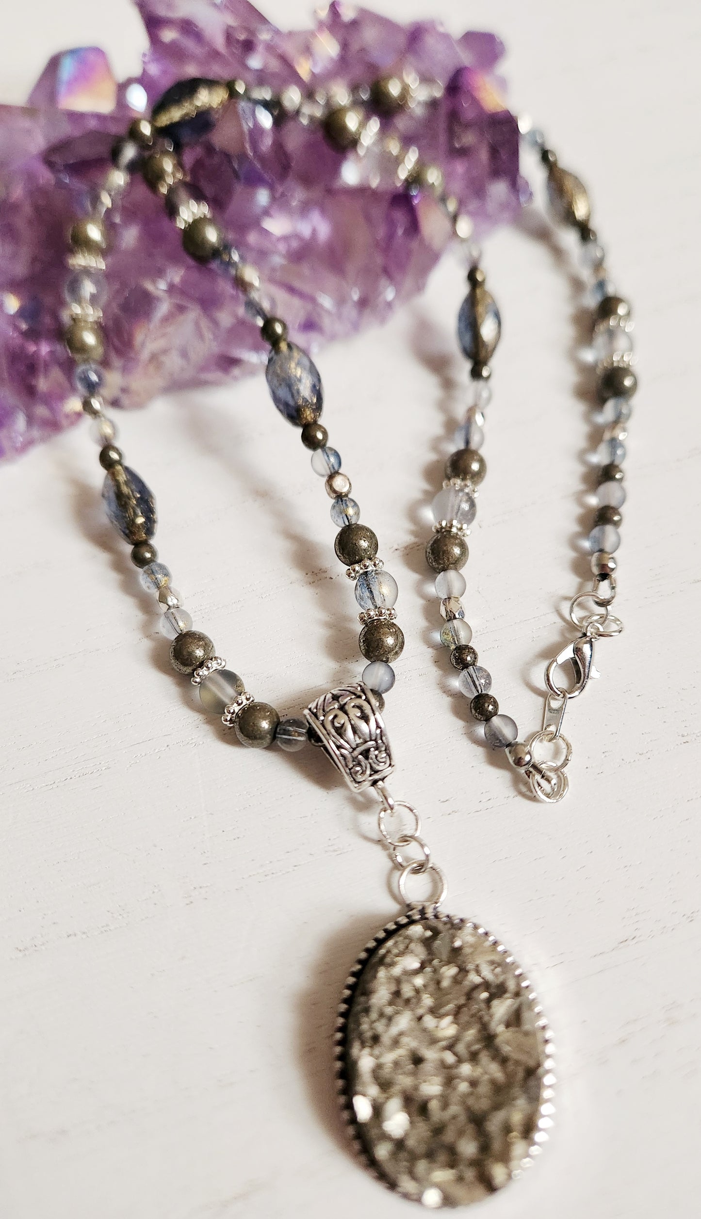 Pyrite gemstone beaded silver necklace