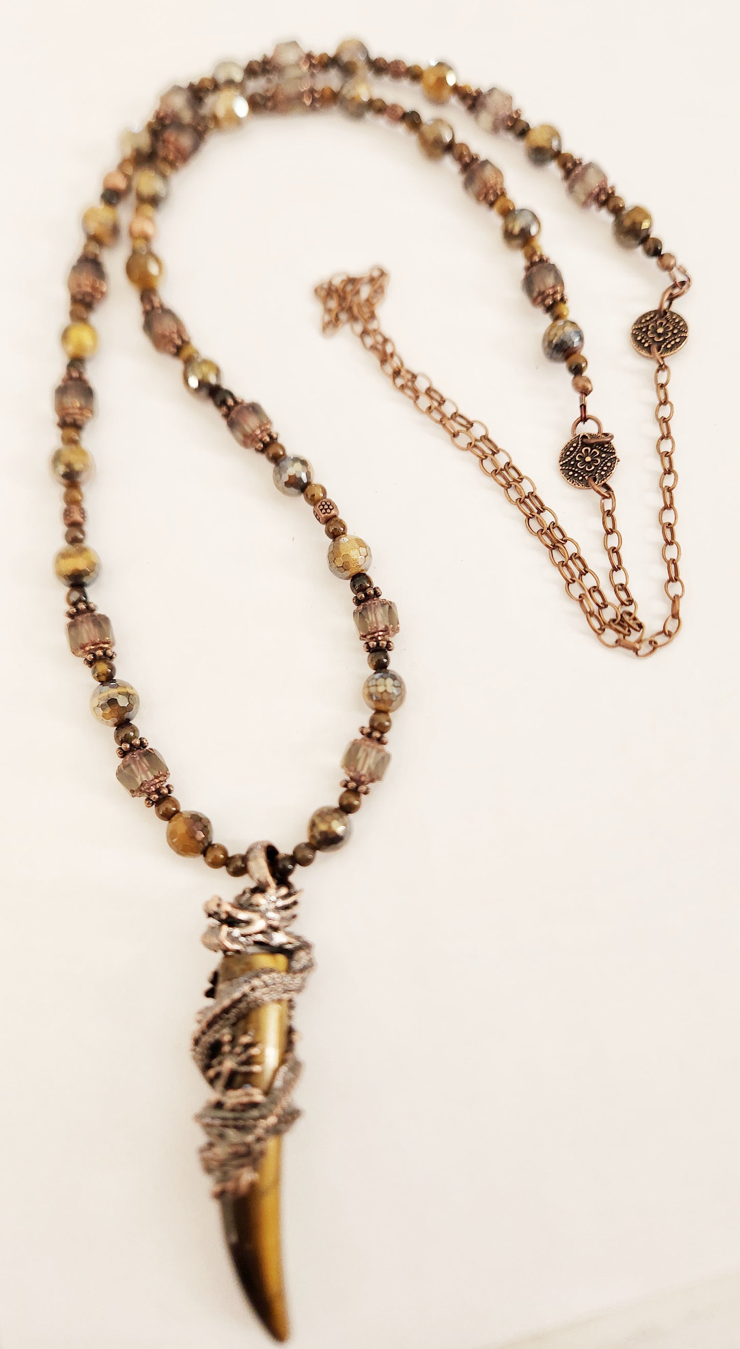 Copper dragon Tigers Eye gemstone chain necklace