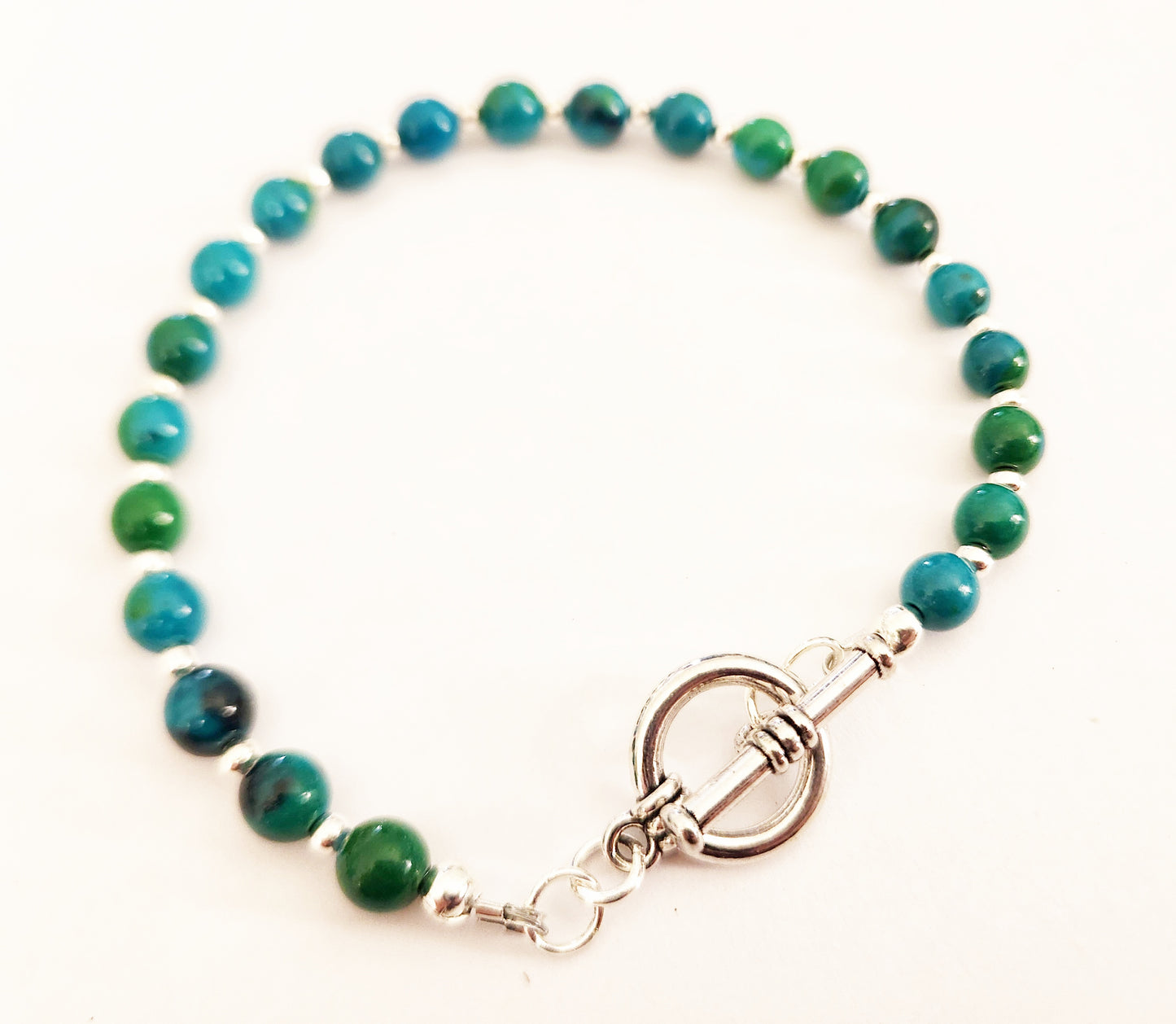 Chrysocolla gemstone beaded bracelet, silver toggle clasp