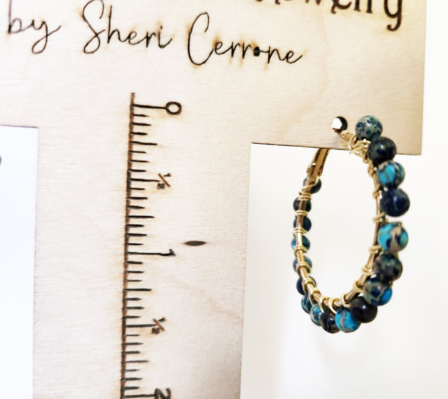 Blue Sea Sediment Jasper gemstone gold hoop earrings