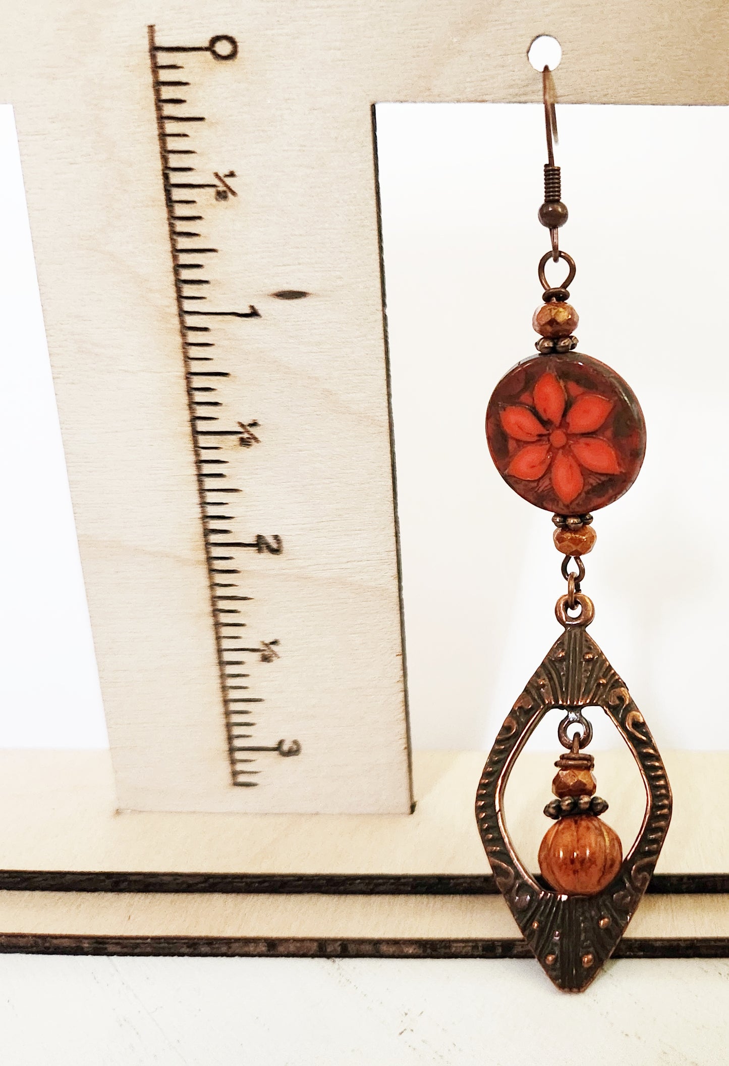 Copper ornate beaded dangle statement earrings