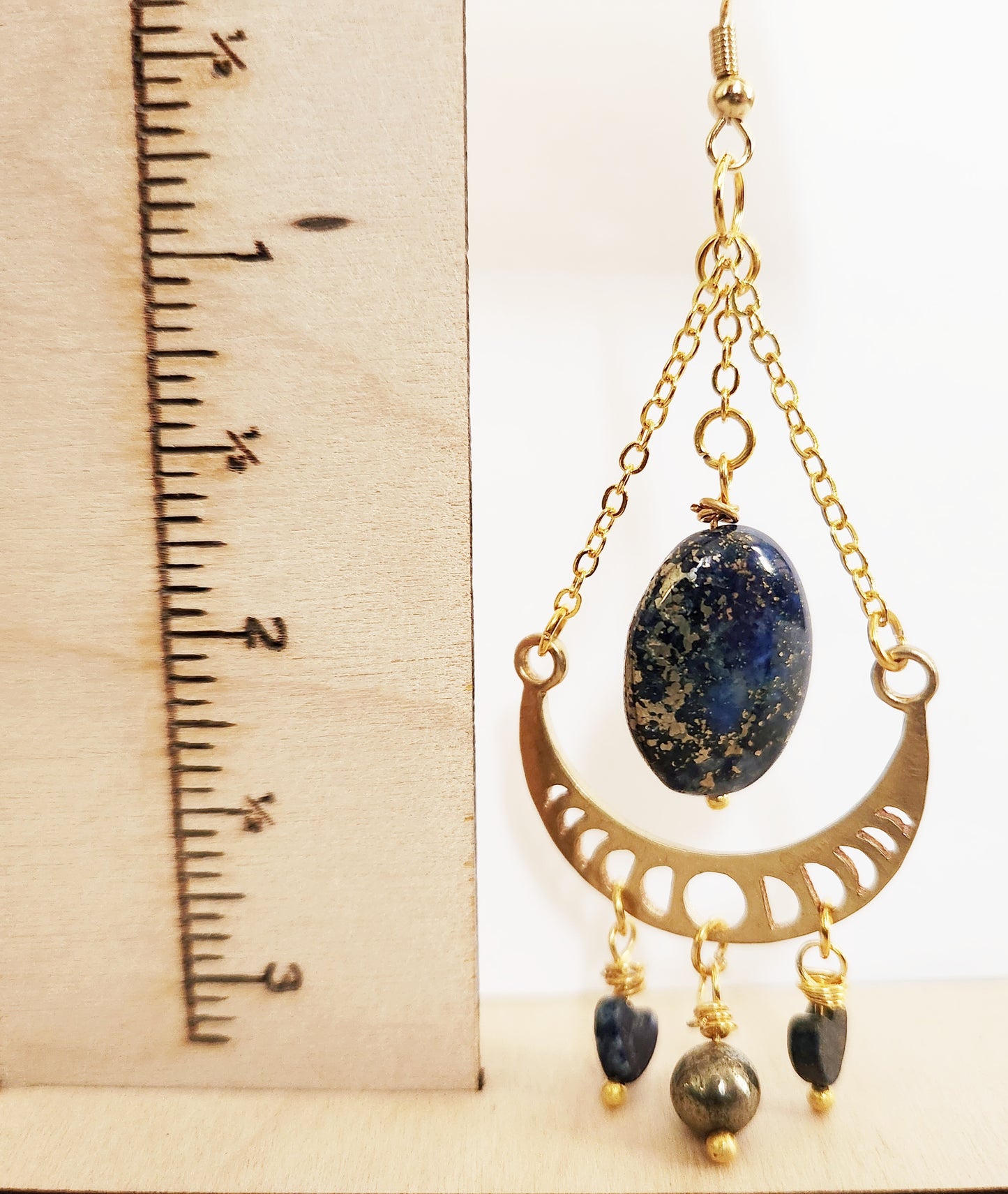 Raw brass moon phase dangle earrings with Lapis Lazuli and Pyrite gemstones