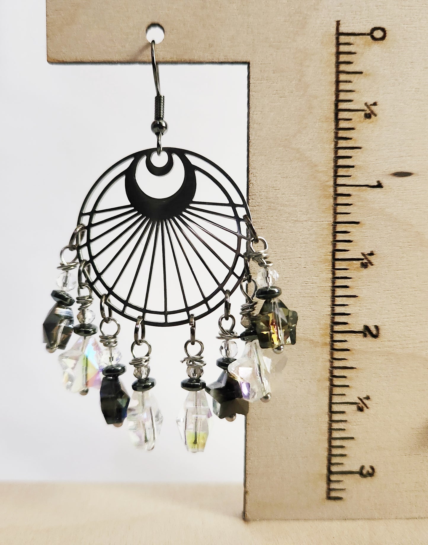 Dark silver chandelier crescent moon earrings