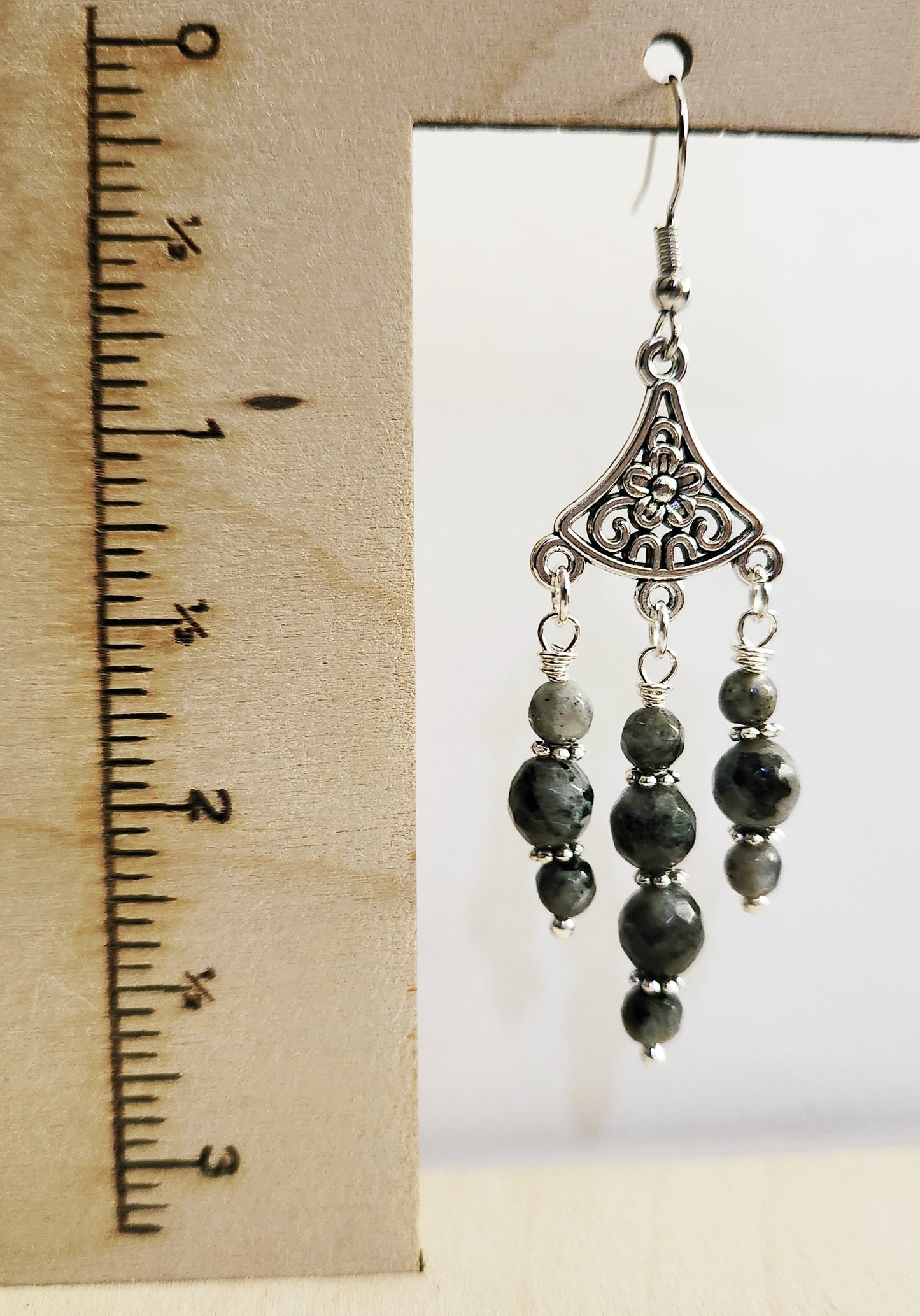 Silver chandelier Larkavite gemstone earrings