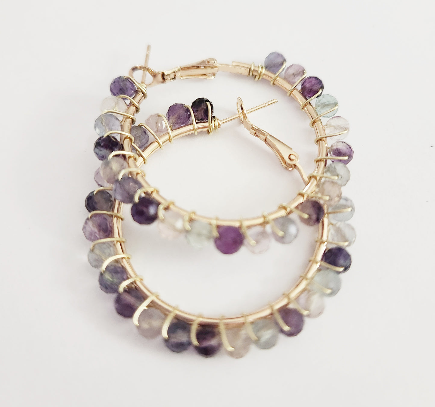 Rainbow Flourite gemstone gold medium hoop earrings 1.5 drop
