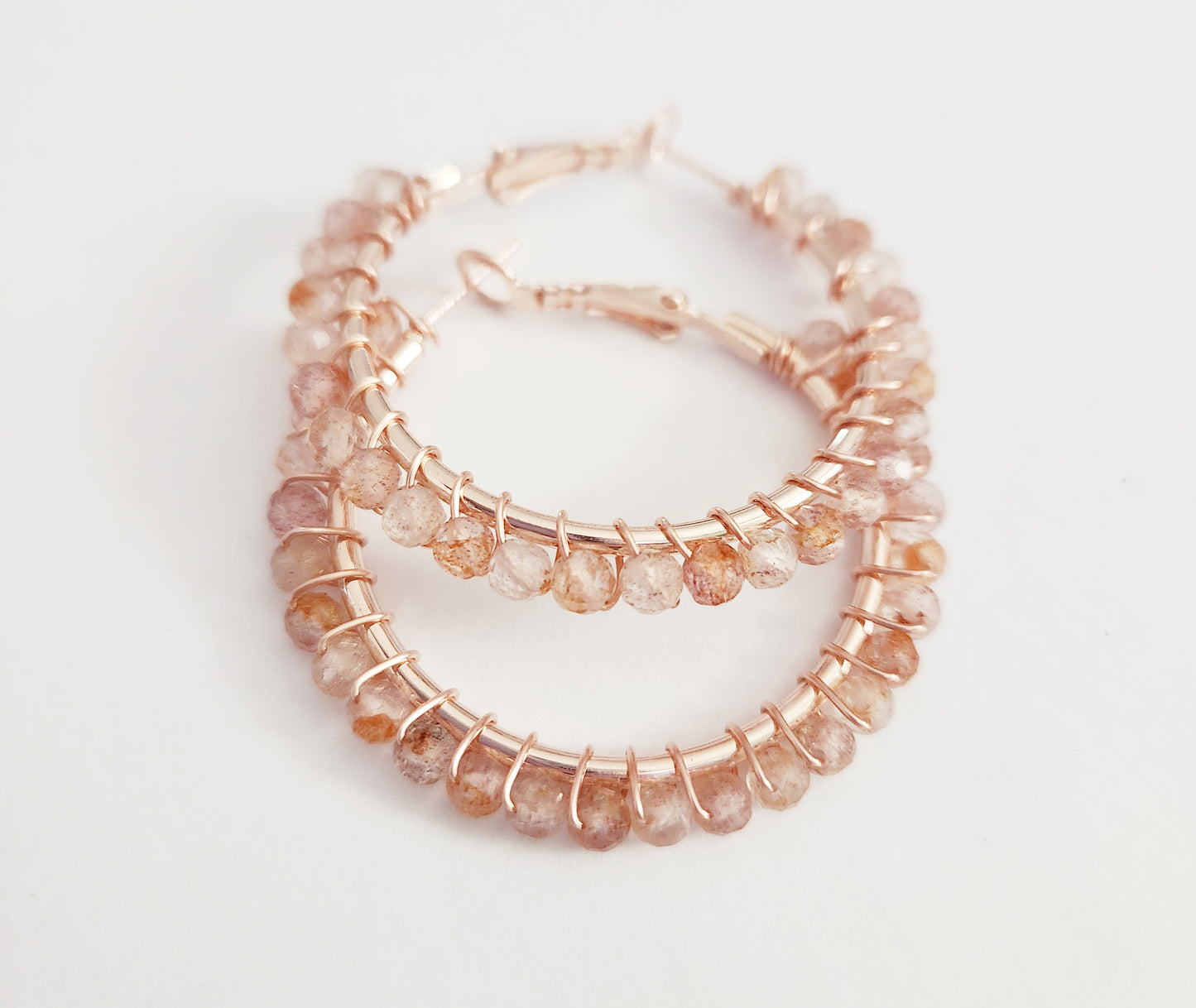 Strawberry Quartz gemstone beaded medium hoop earrings 1.25 inch drop