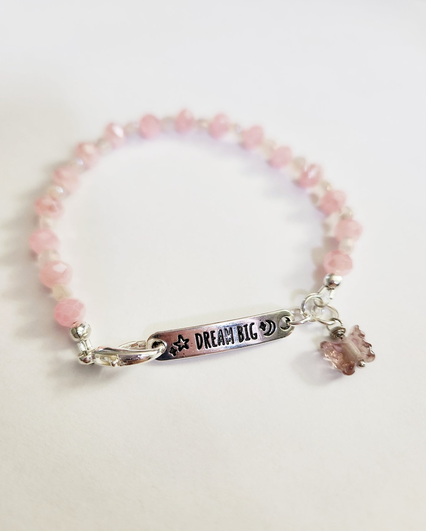 Pink glass beaded Dream Big bracelet