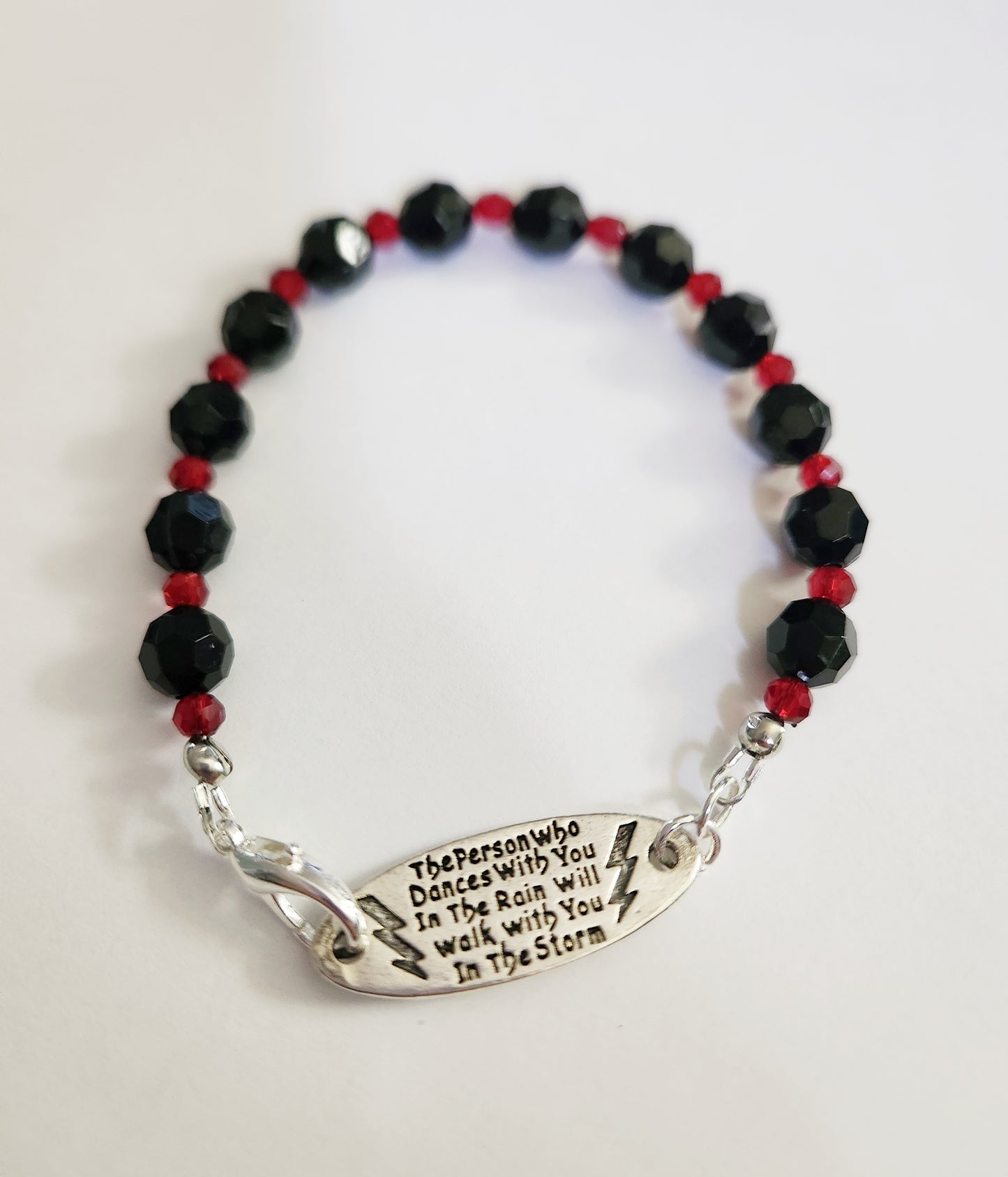 Black and red glass beaded inspirational quote bracelet