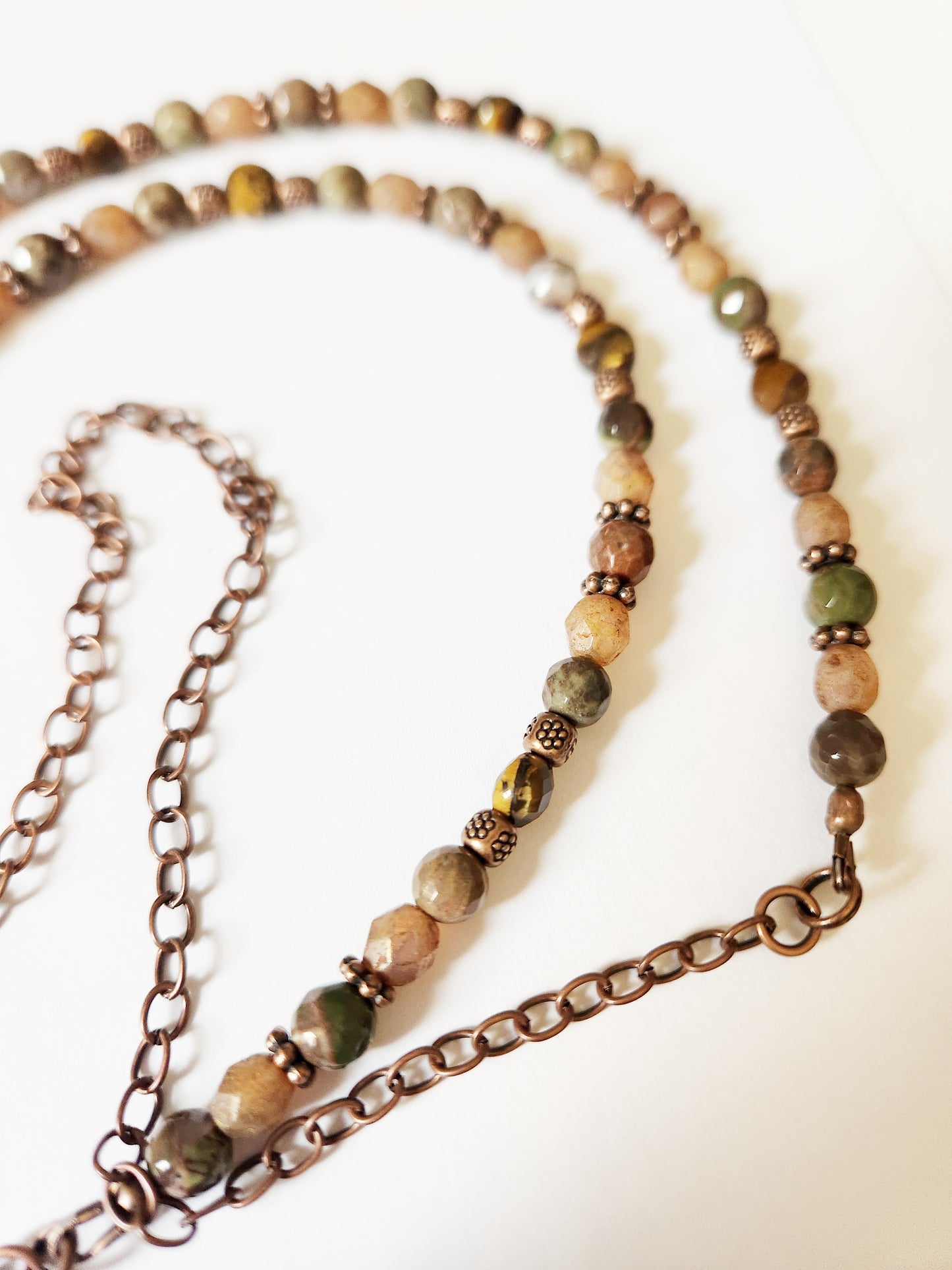 Rhyolite and Tigers Eye gemstone copper chain necklace