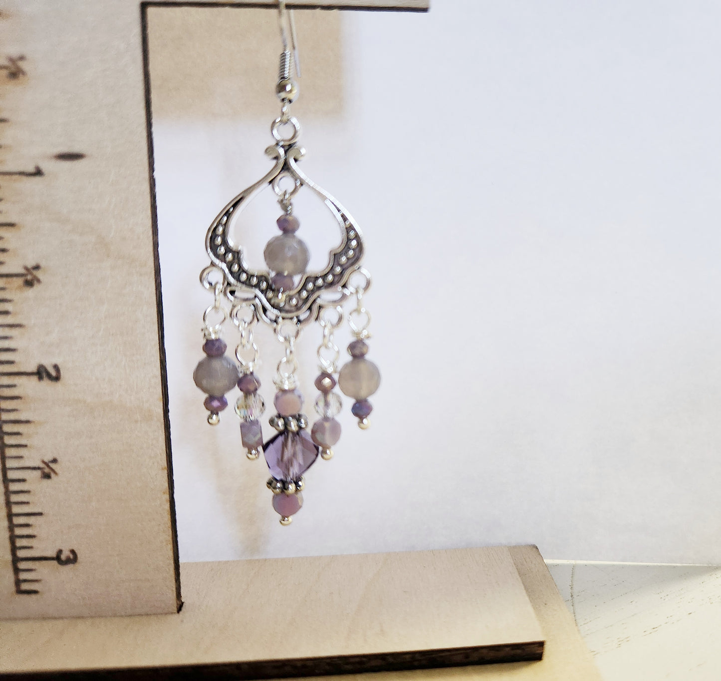 Silver filigree chandelier beaded purple earrings with Gray Agate gemstones