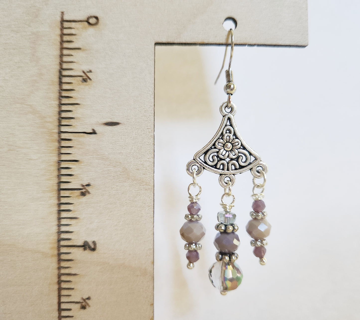 Silver chandelier purple beaded earrings