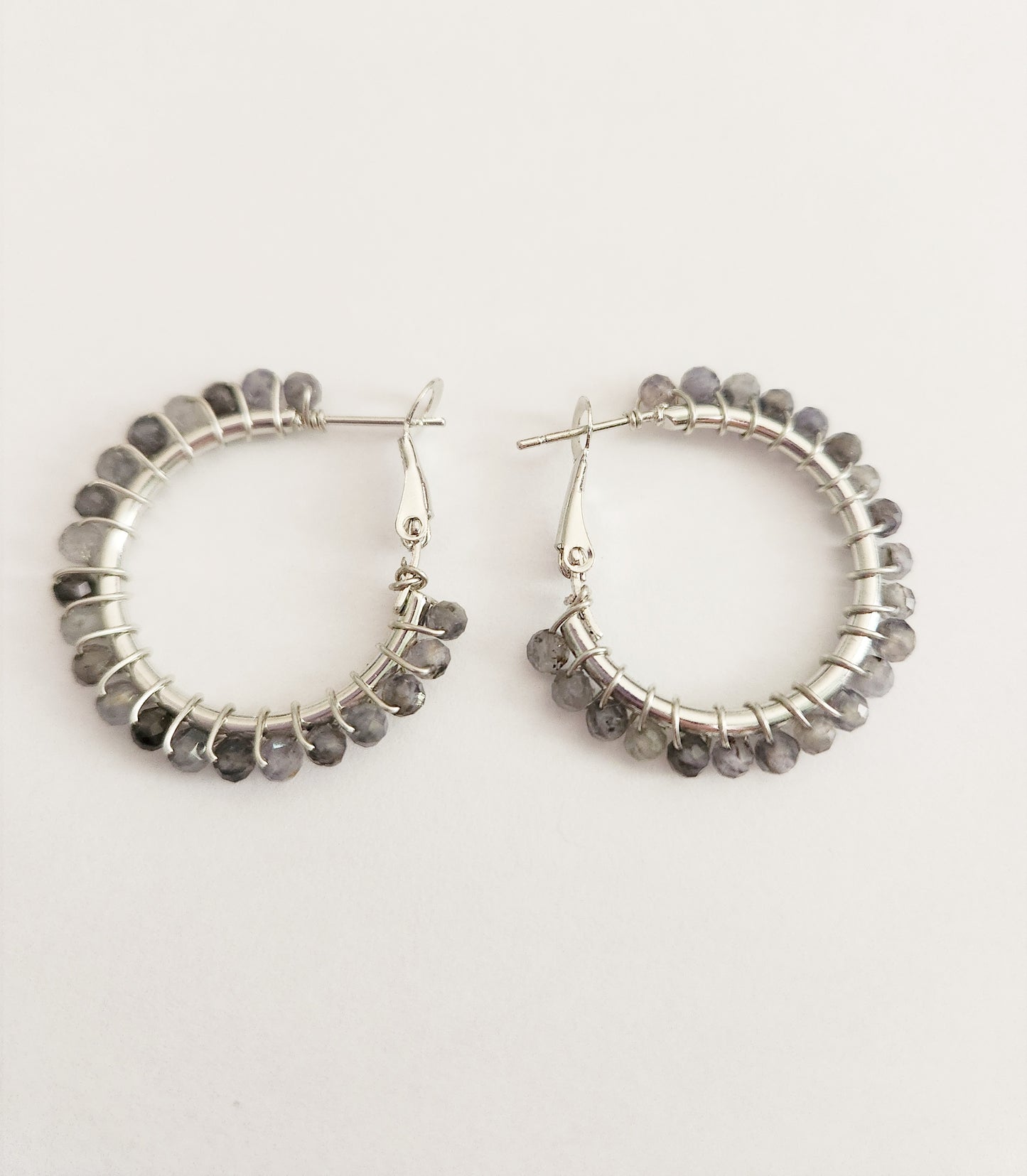 Iolite gemstone beaded small silver hoop earrings 1 drop
