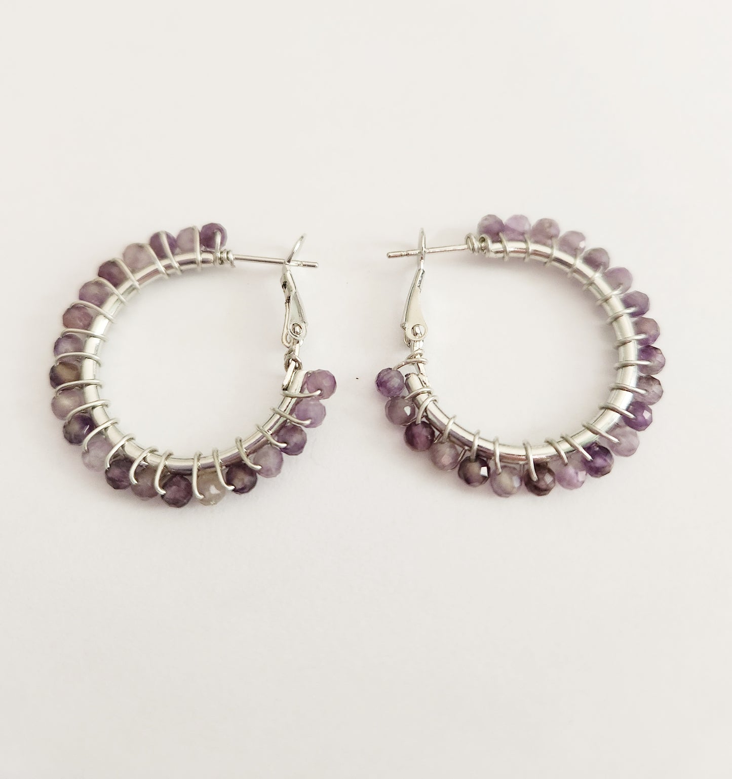Amethyst gemstone small silver hoop earrings 1 inch drop
