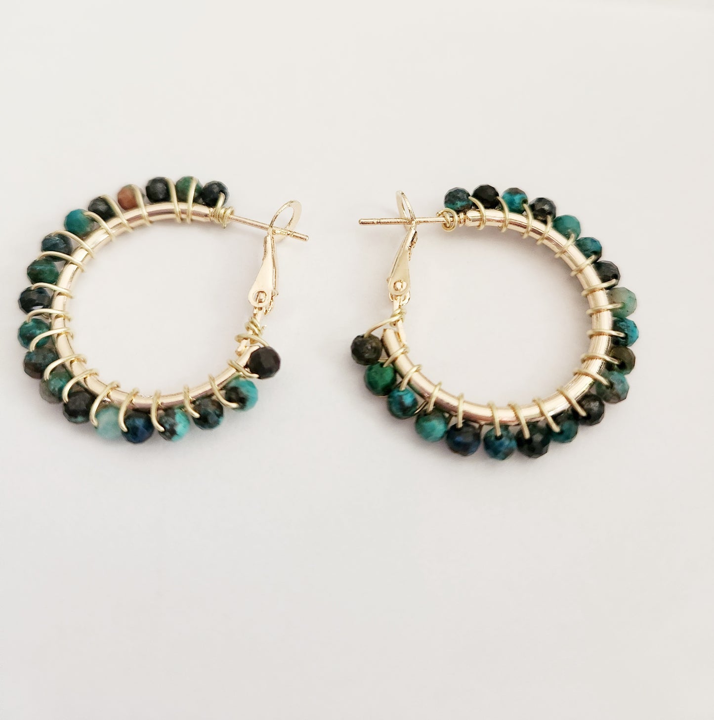 Chrysocolla gemstone small gold hoop earrings 1 inch drop