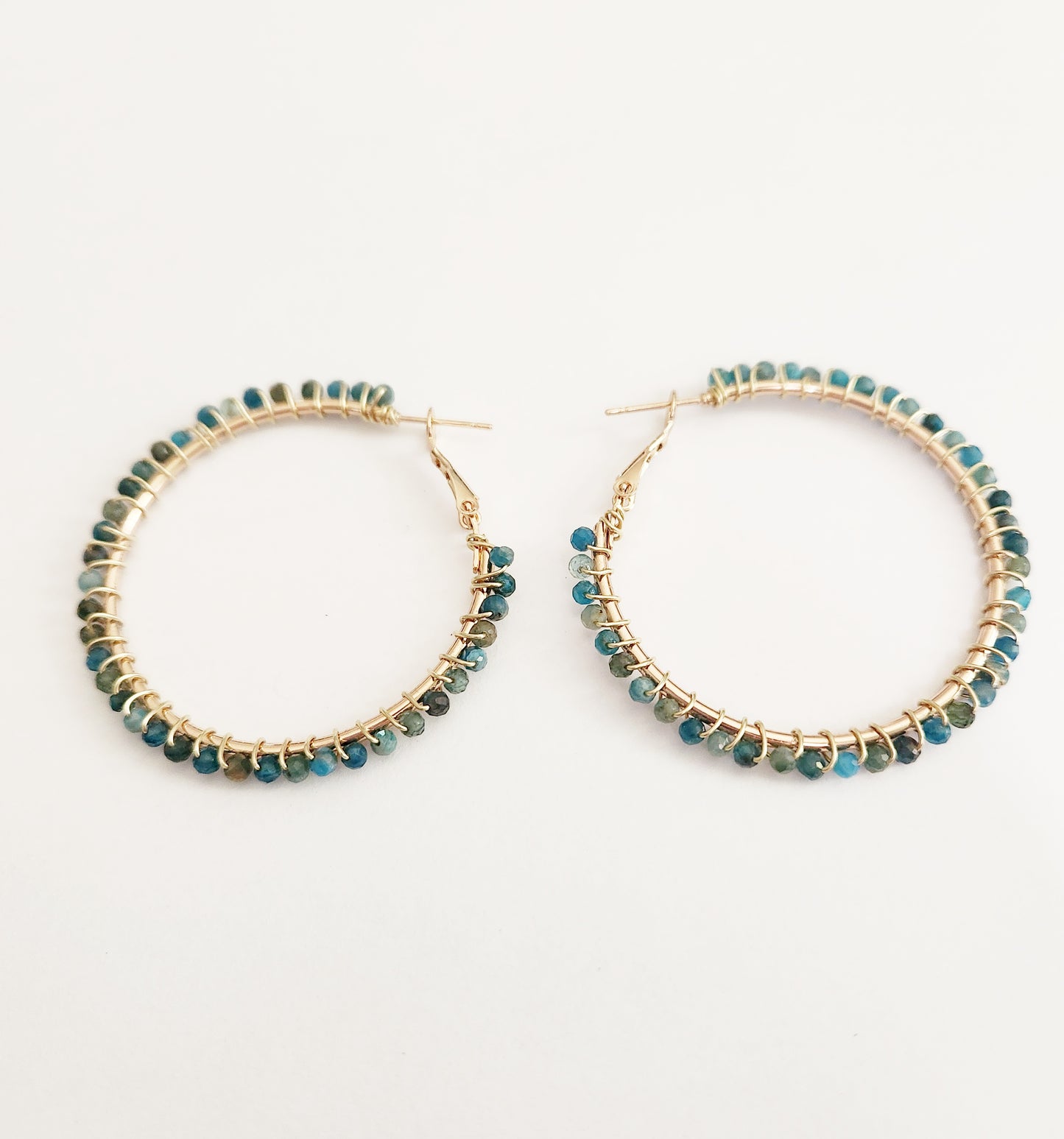 Blue Apatite gemstone beaded gold hoop earrings