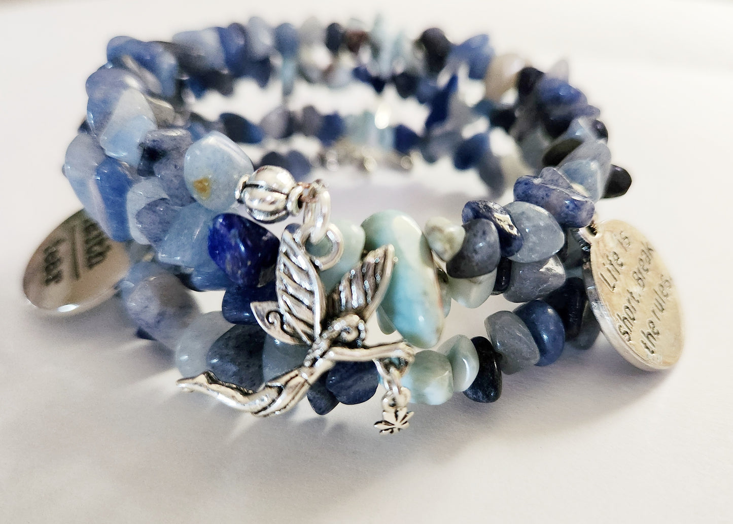 Blue Aventurine and Larimar gemstone memory wire wrap bracelet