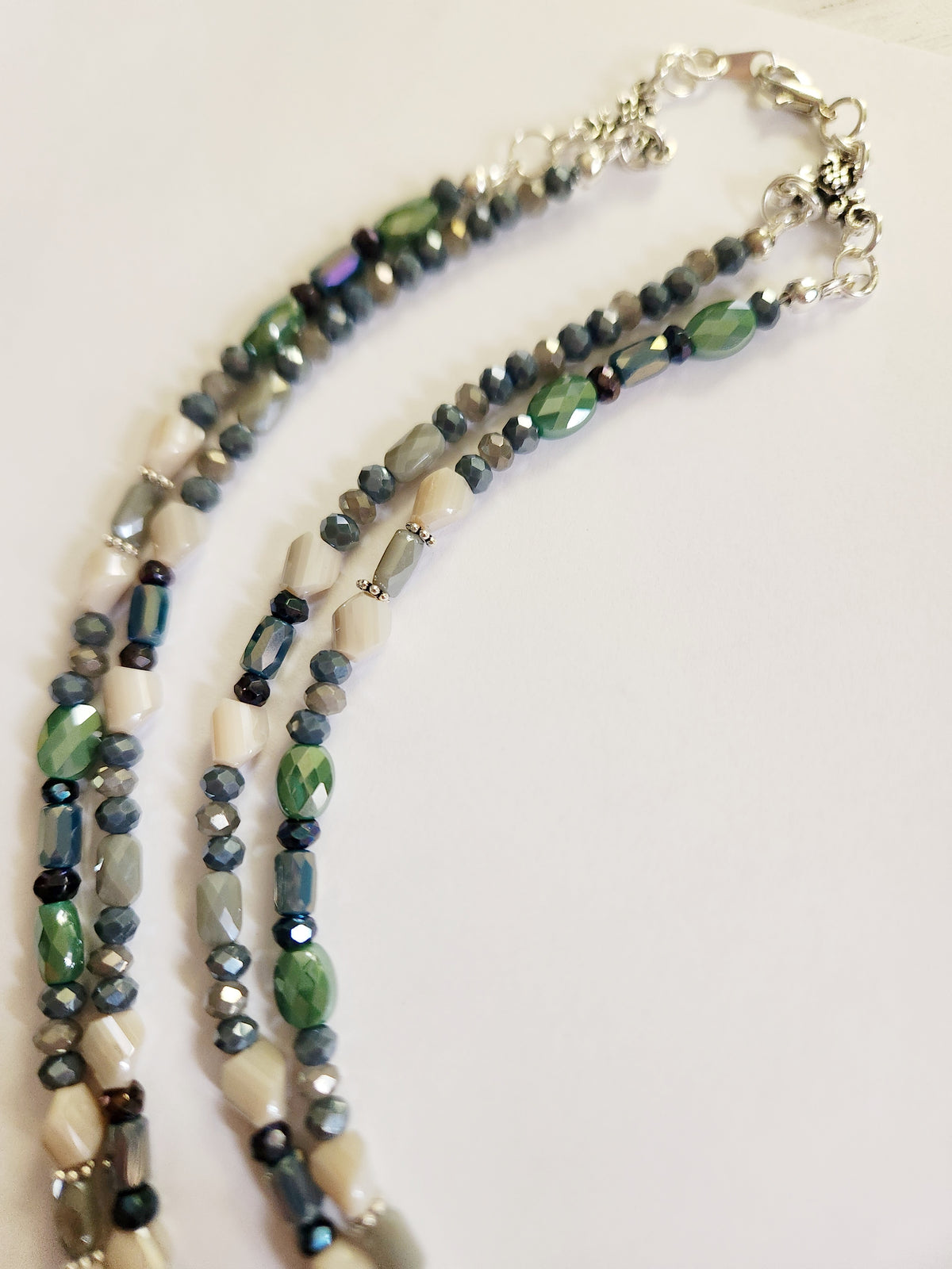 Silver mountain and moon pendant double strand necklace with Pyrite gemstones