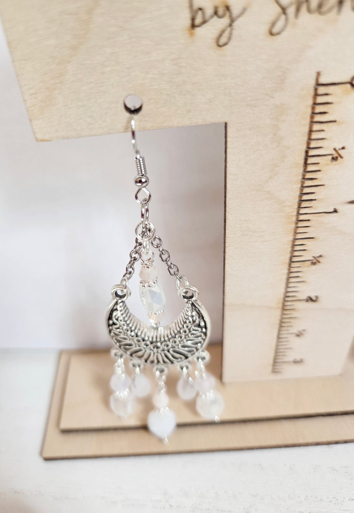 Silver filigree chandelier white and pink beaded earrings