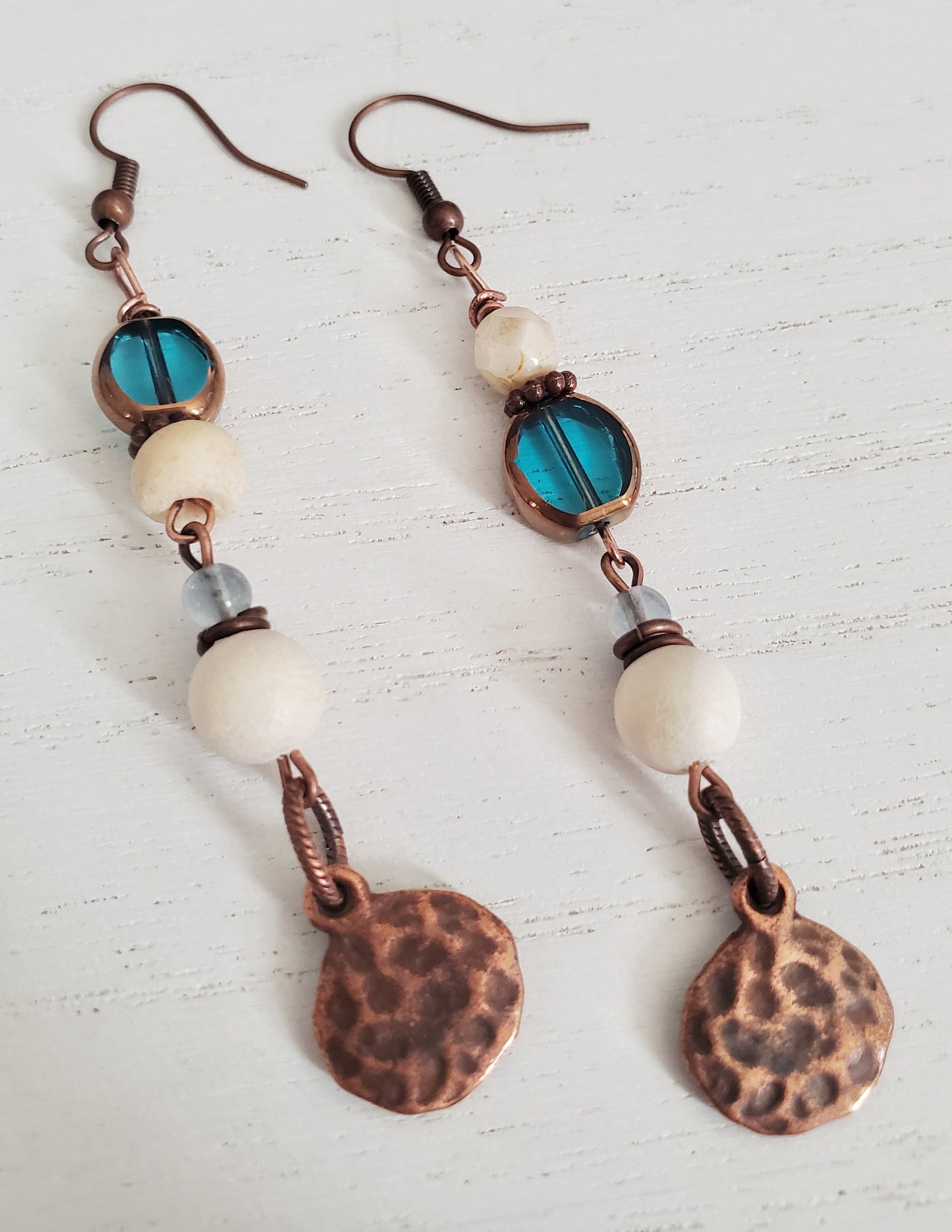Hammered disc copper dangle earrings