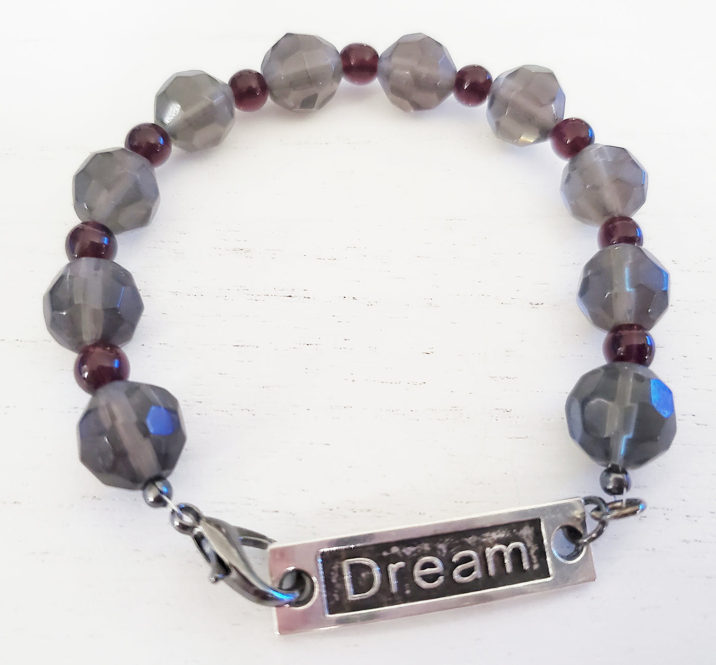 Grey and purple beaded inspirational word bracelet