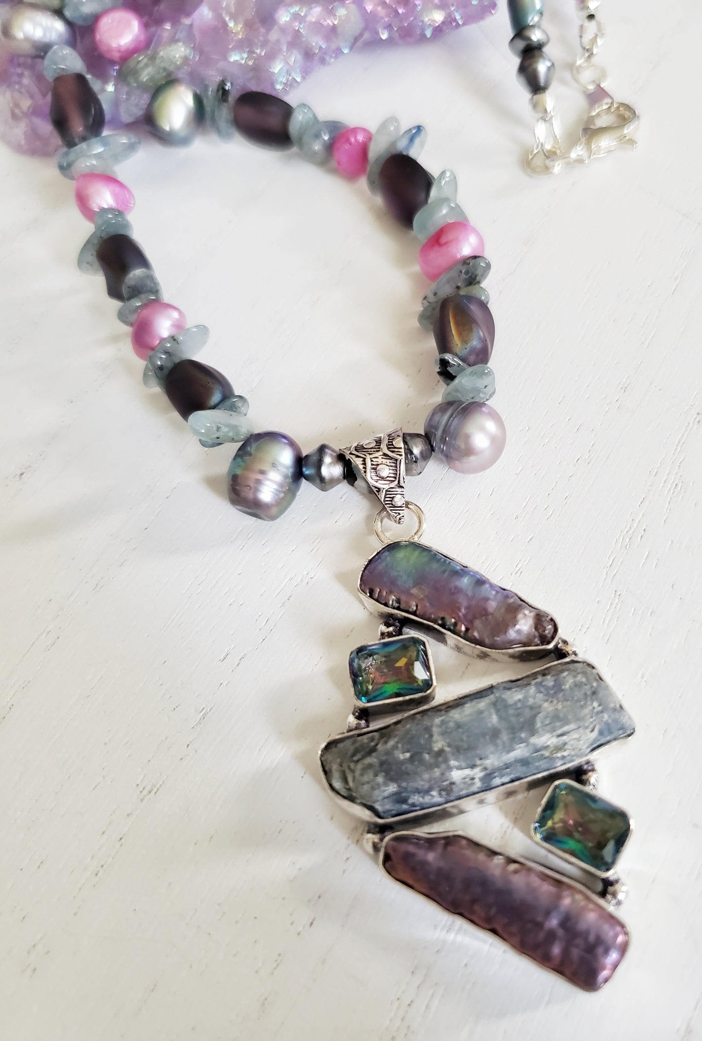 Gemstone and shell silver beaded necklace
