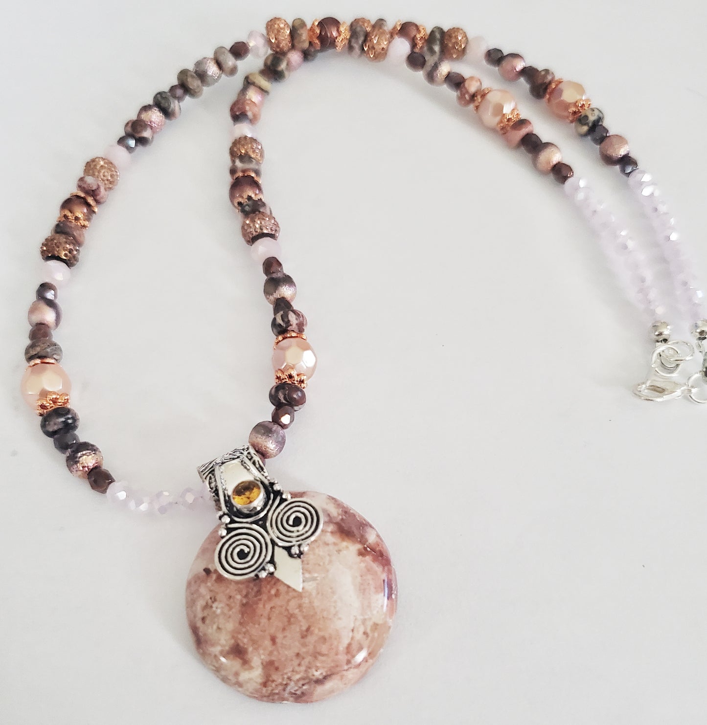 Owl gemstone beaded silver necklace