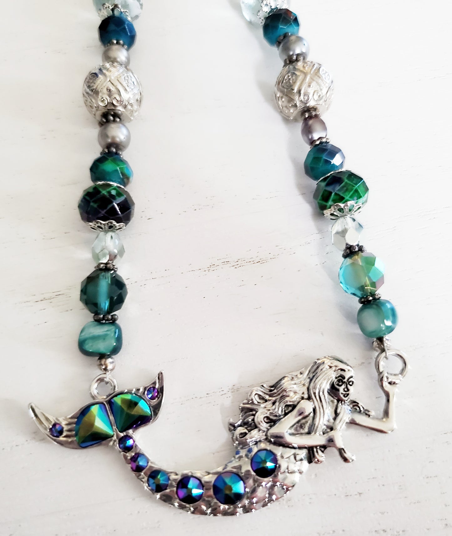 Crystal mermaid silver beaded necklace