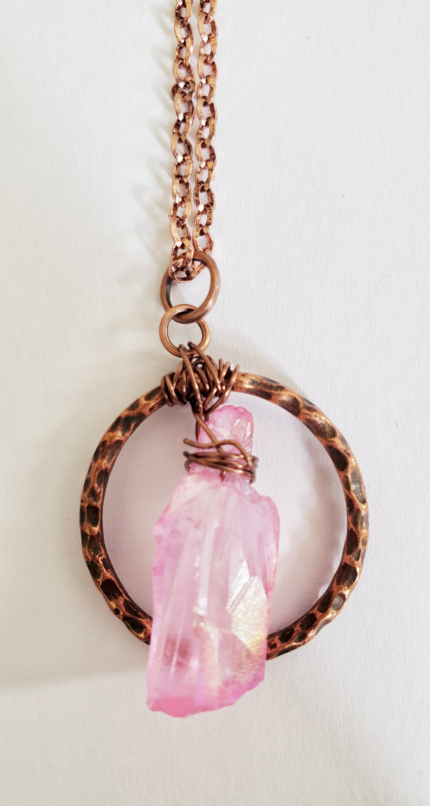 Pink Angel Aura Quartz copper circle necklace
