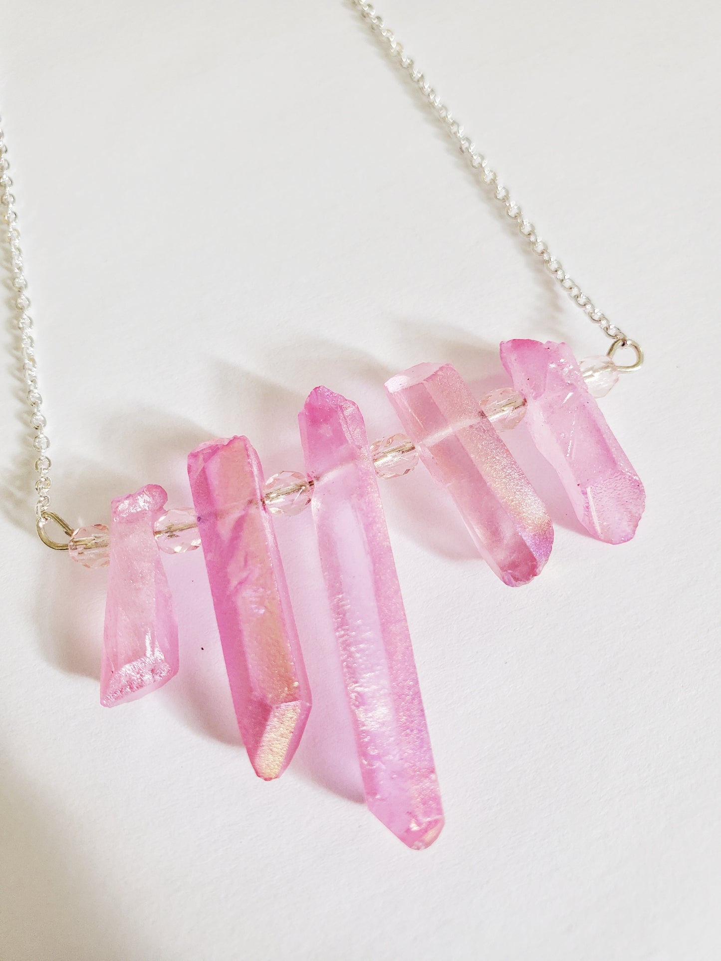 Pink Angel Aura Quartz silver chain necklace