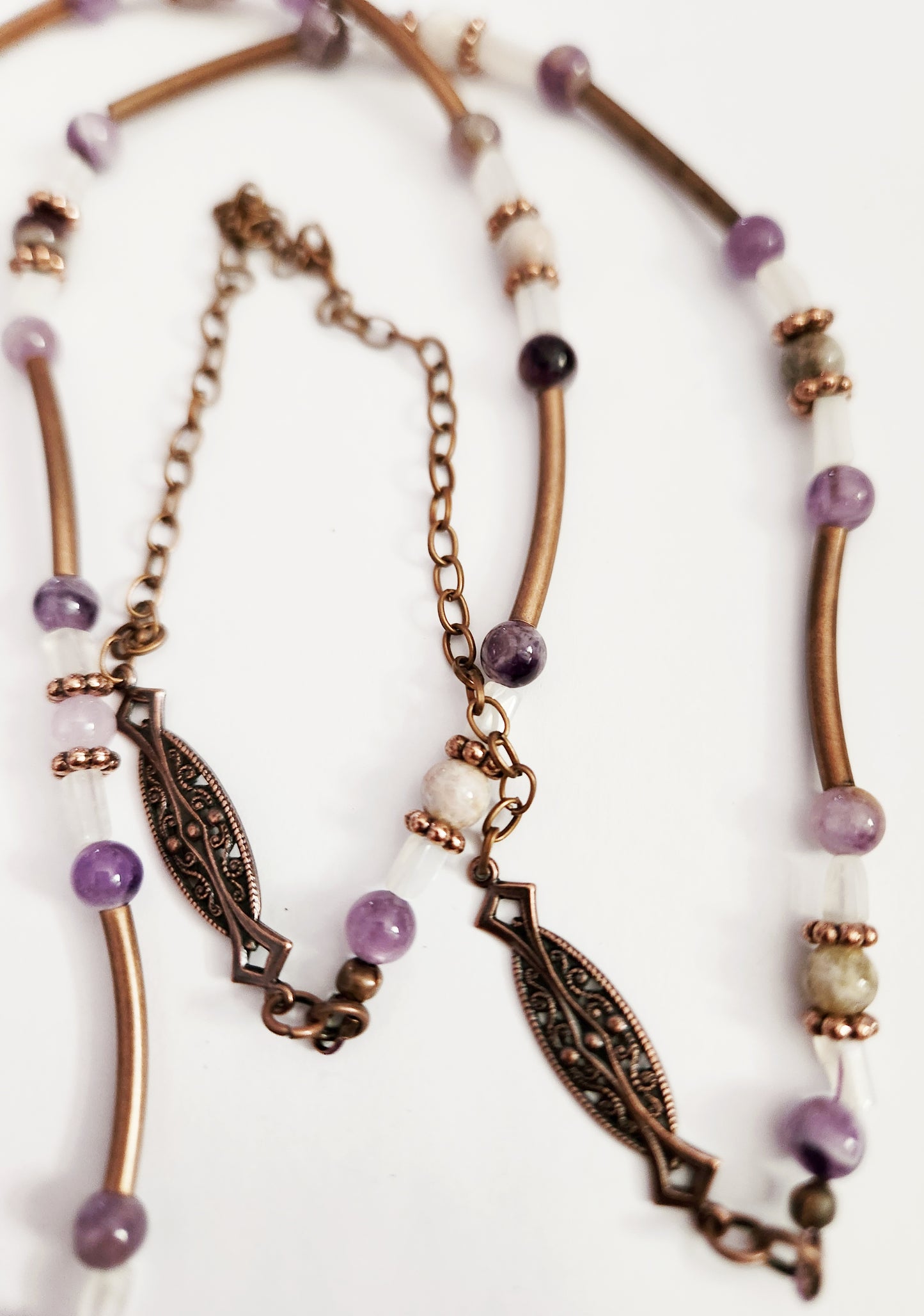 Clear Quartz and Amethyst gemstone copper moon necklace