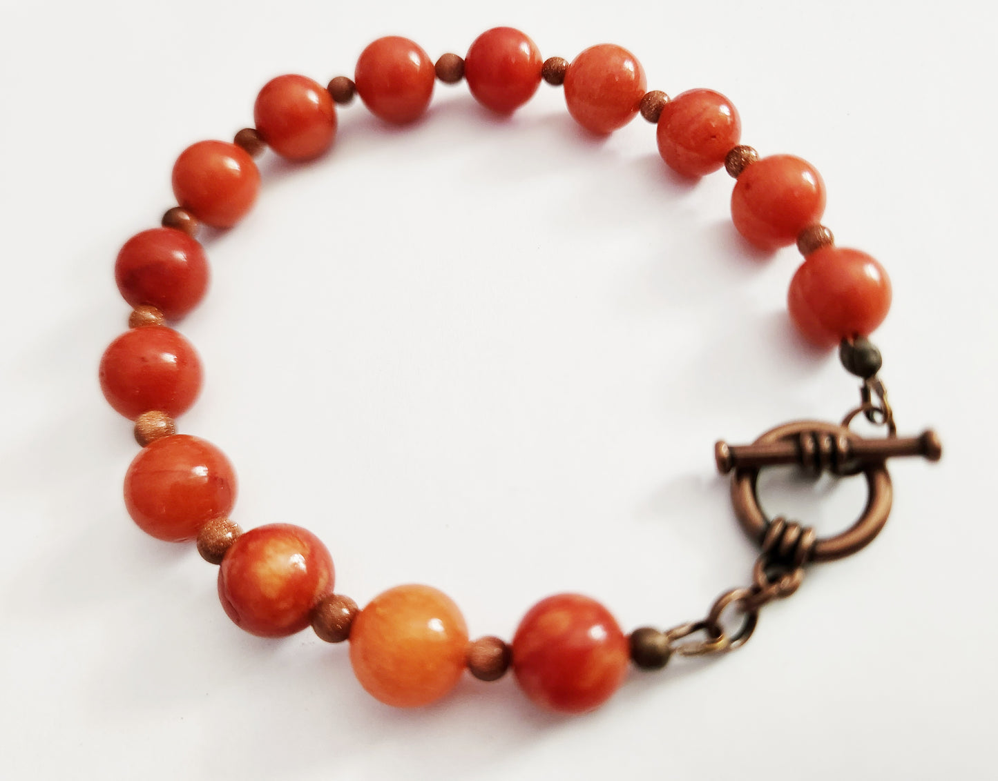 Quartzite and Goldstone gemstone bracelet, copper toggle clasp