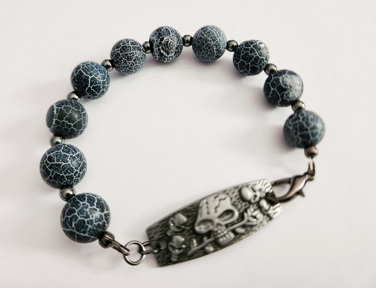 Dark silver skull gemstone bracelet, toggle clasp