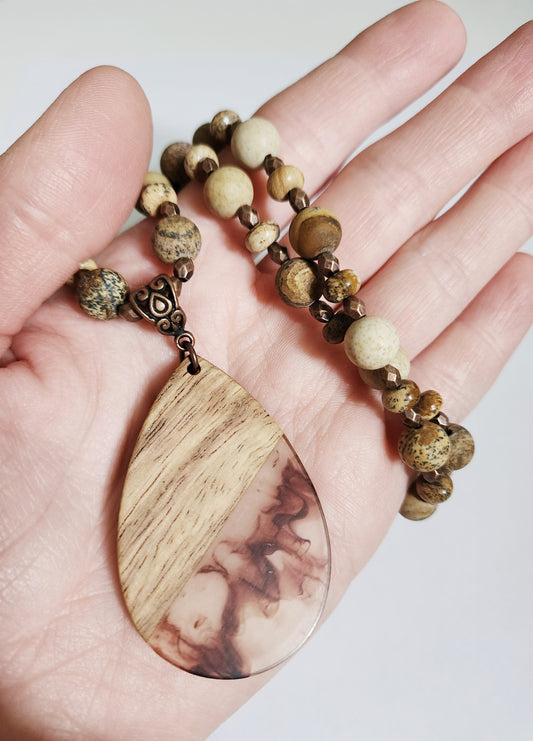 Wood pendant necklace, Bohemian Jewelry, Statement Necklace, Sister Gift, Birthday Gift for Mom, Beaded Necklace