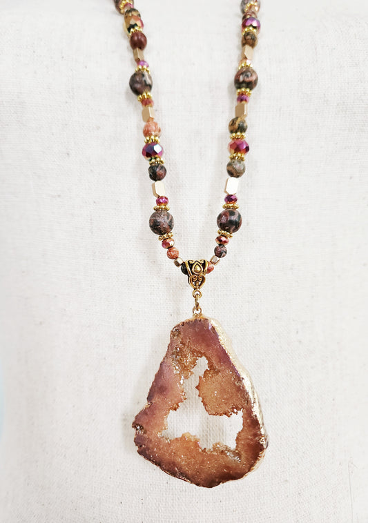 Druzy Quartz necklace, boho beaded necklace, gemstone necklace, peach fuzz, birthday gift for mom, sister gift