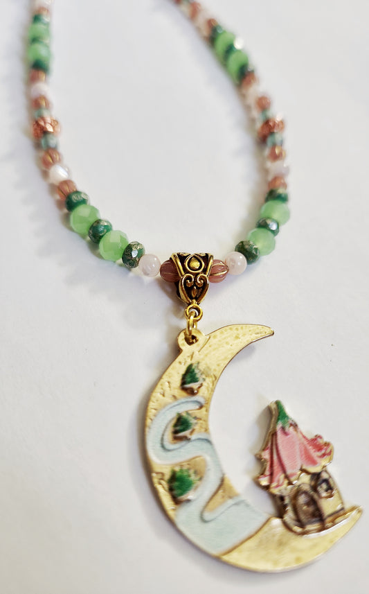 Cottagecore necklace, crescent moon necklace, boho chic jewelry, birthday gift for friend, beaded statement necklace for women, Magickal Moon jewelry