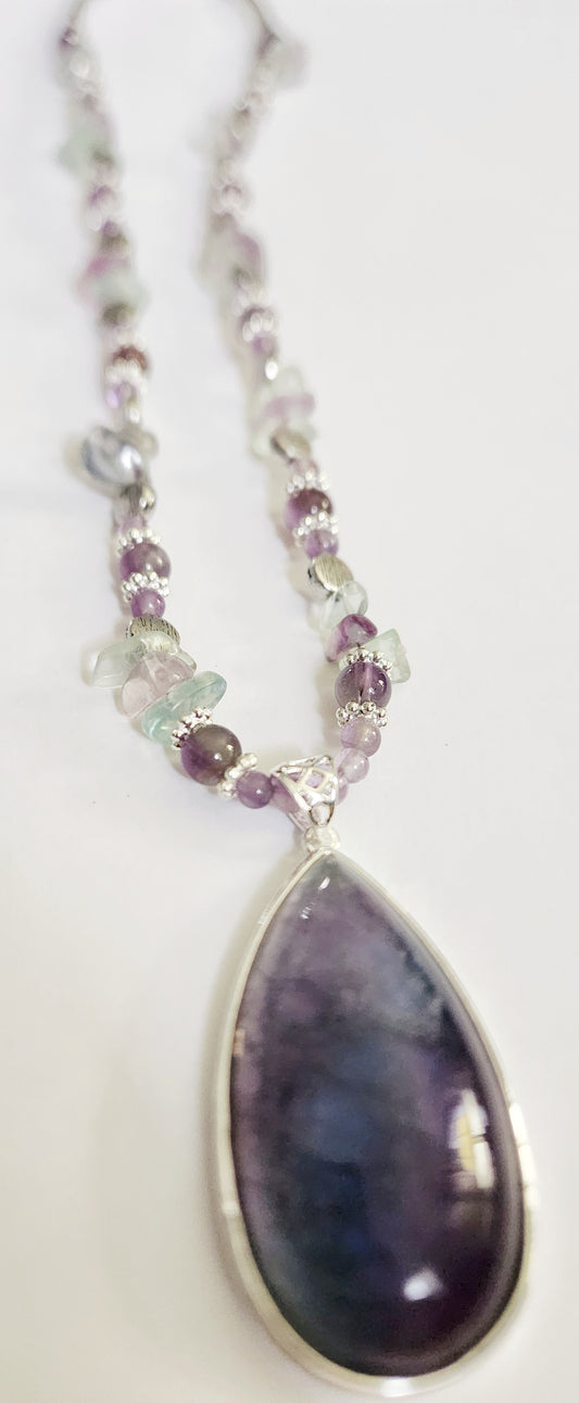 Fluorite gemstone necklace, beaded statement necklace, gift for Mom, sister gift, artisan silver jewelry