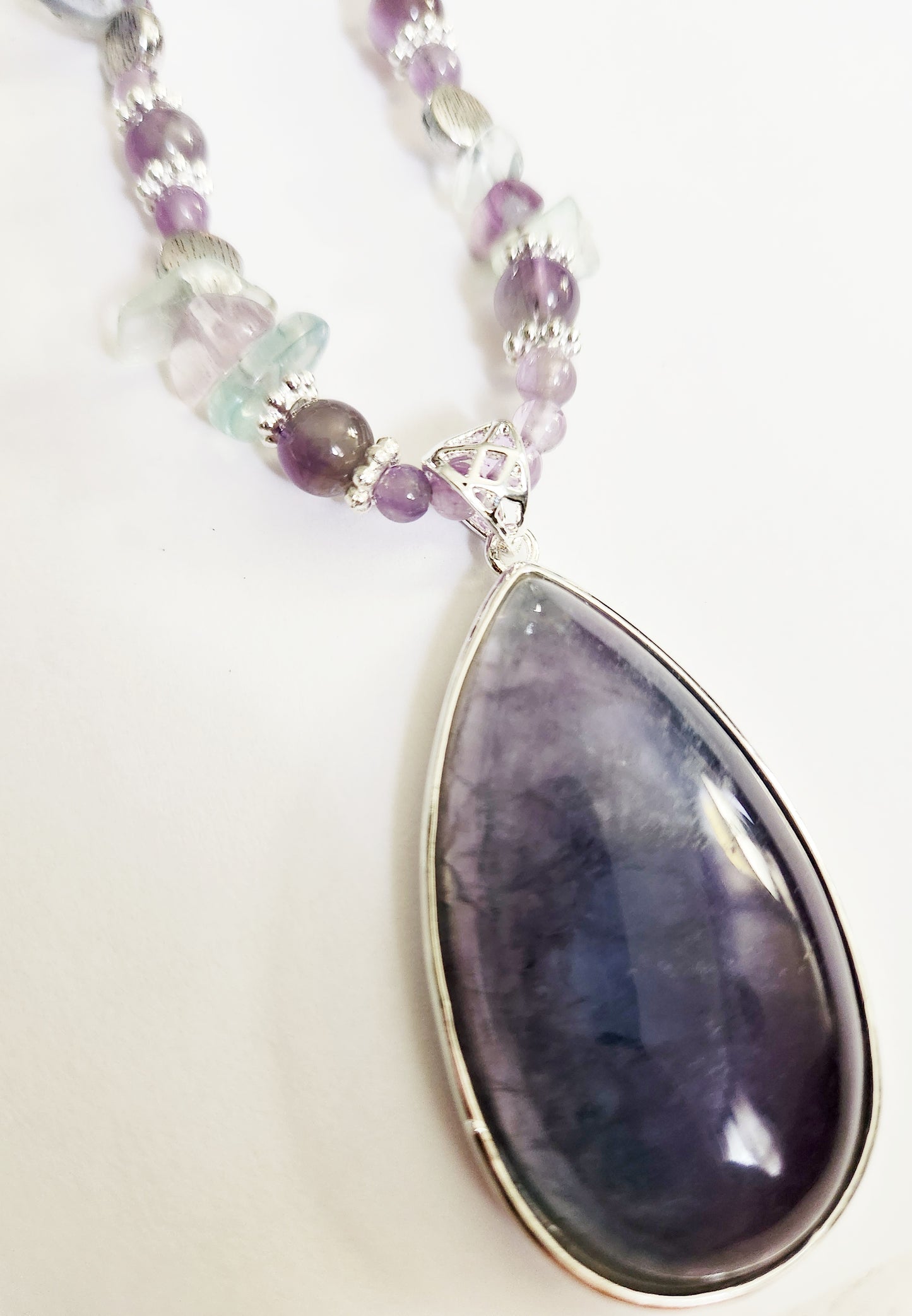 Fluorite gemstone necklace, beaded statement necklace, gift for Mom, sister gift, artisan silver jewelry