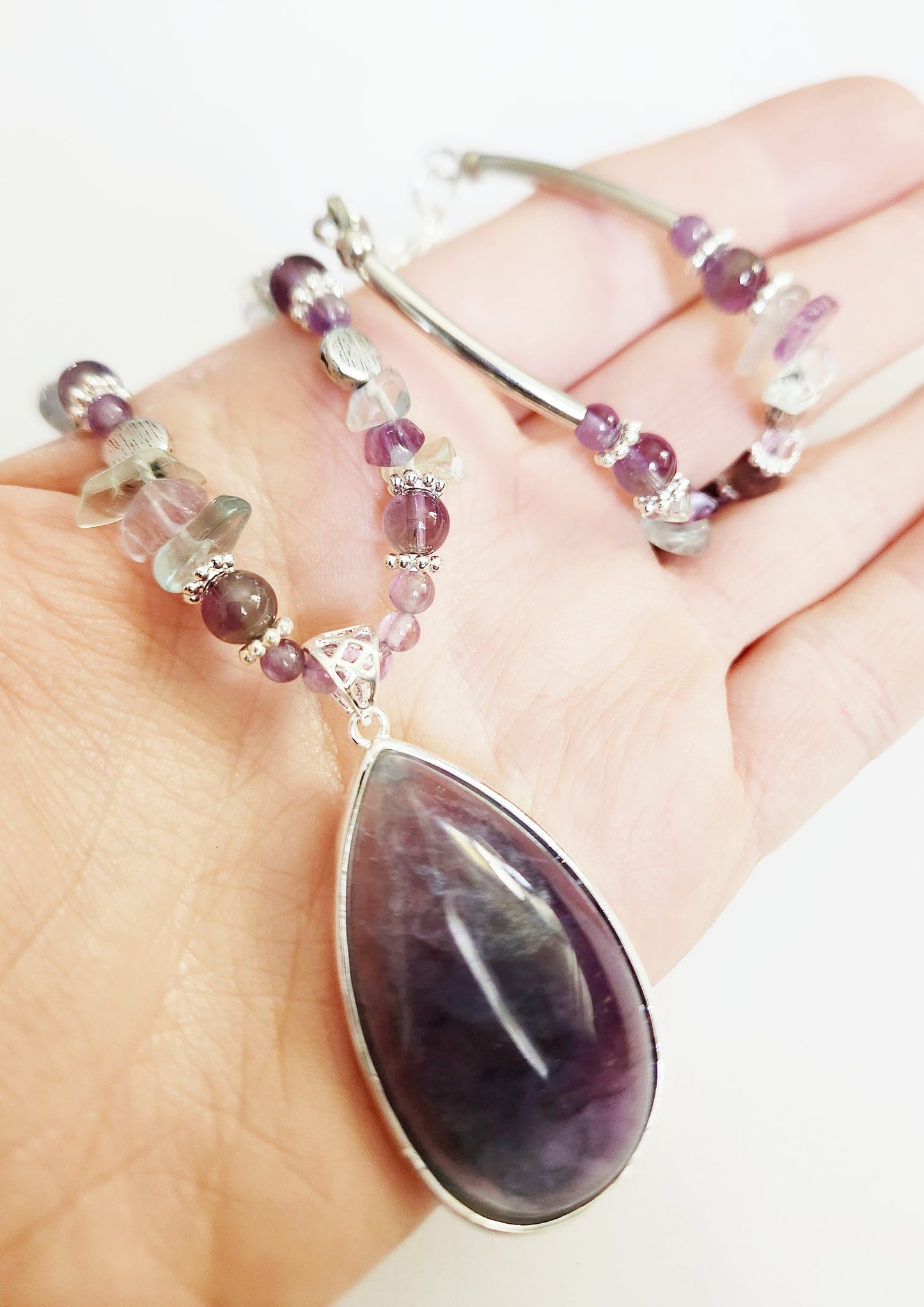 Fluorite gemstone necklace, beaded statement necklace, gift for Mom, sister gift, artisan silver jewelry