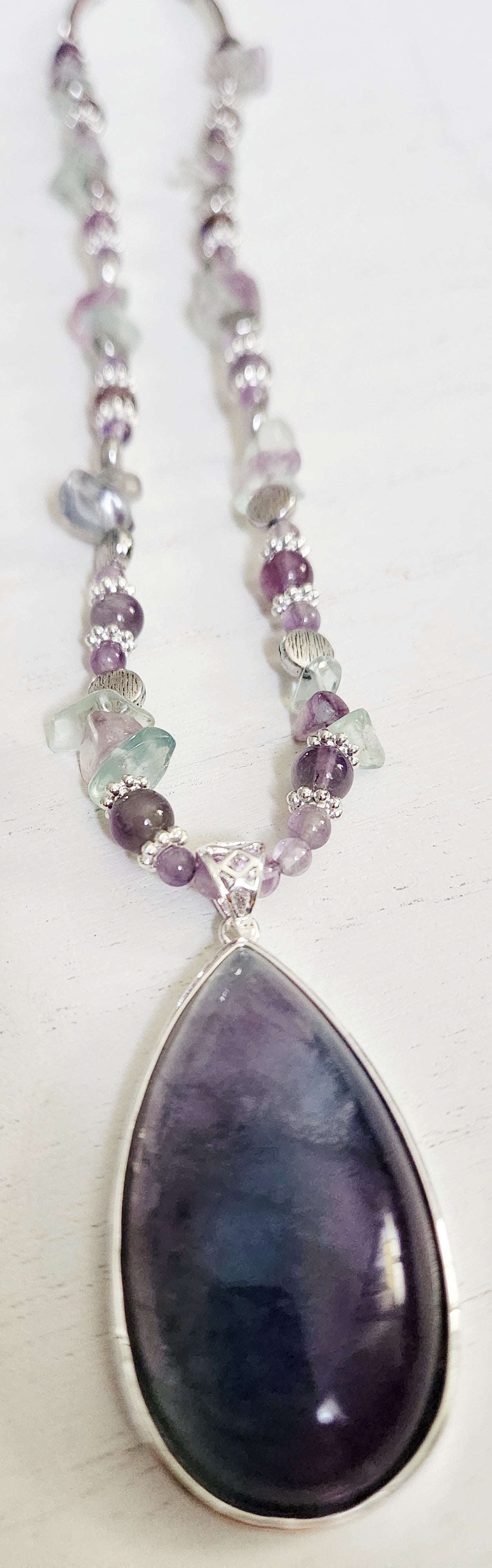 Fluorite gemstone necklace, beaded statement necklace, gift for Mom, sister gift, artisan silver jewelry