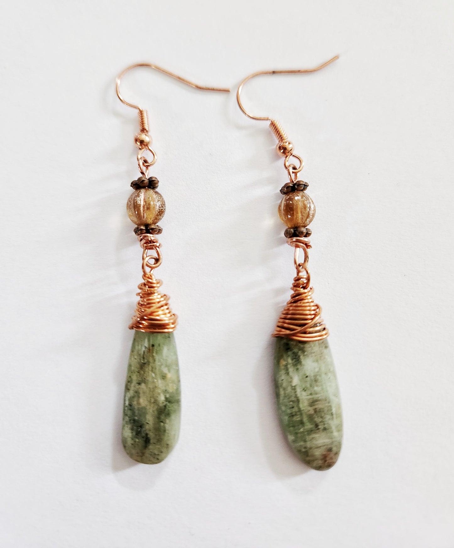 Green Kyanite earrings, wire wrapped gemstone earrings, statement earrings, gift for Mom