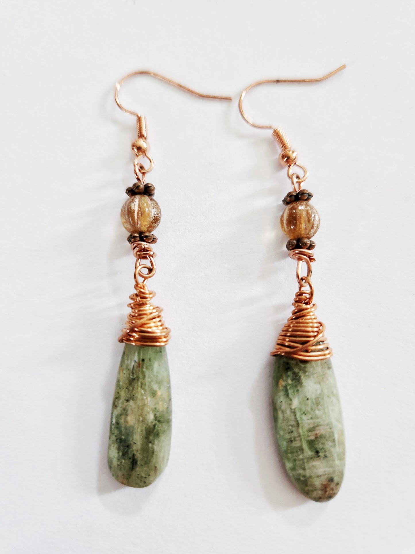 Green Kyanite earrings, wire wrapped gemstone earrings, statement earrings, gift for Mom