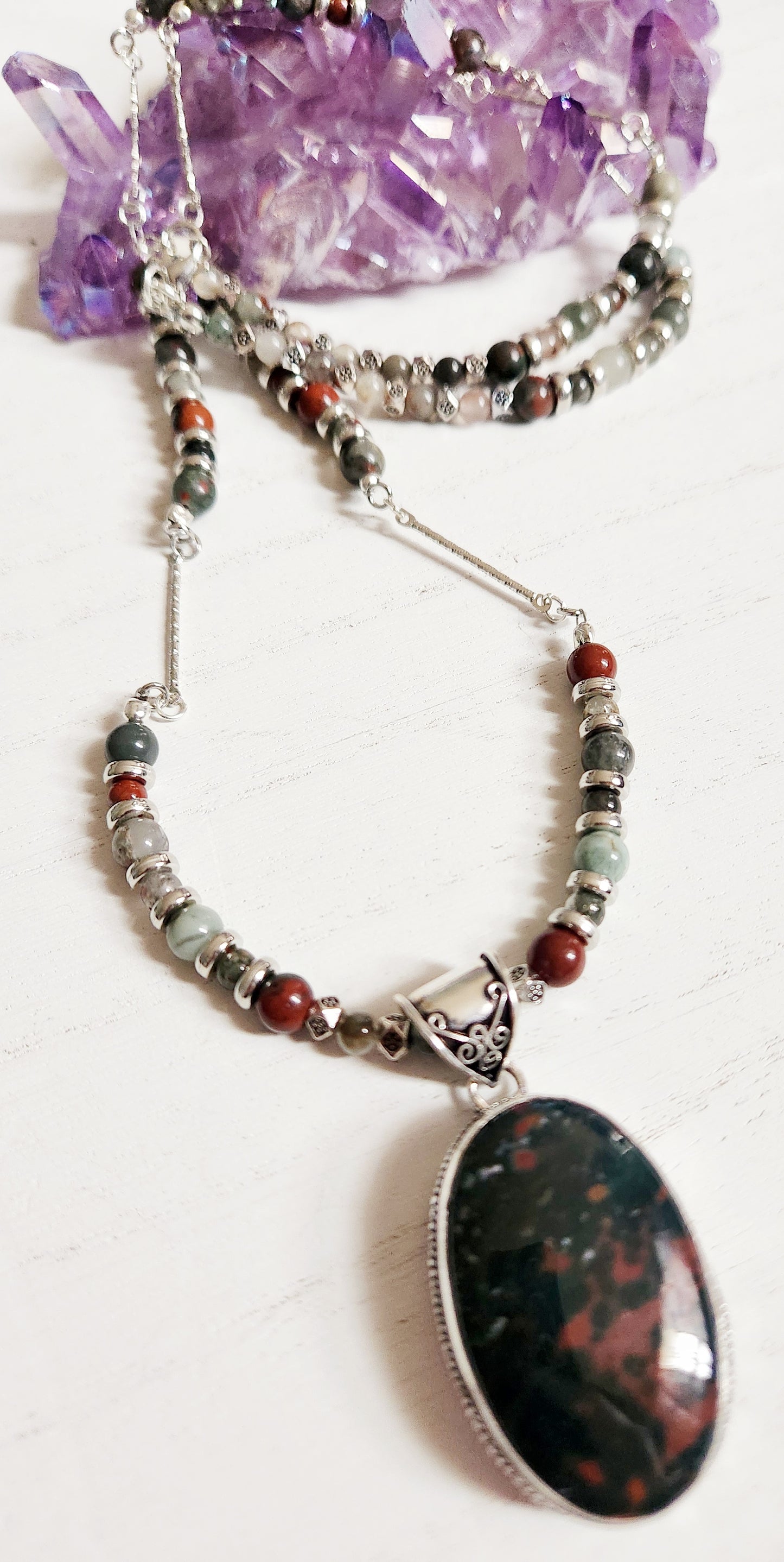 Bloodstone necklace, beaded statement necklace, gift for Mom, sister gift, artisan silver jewelry