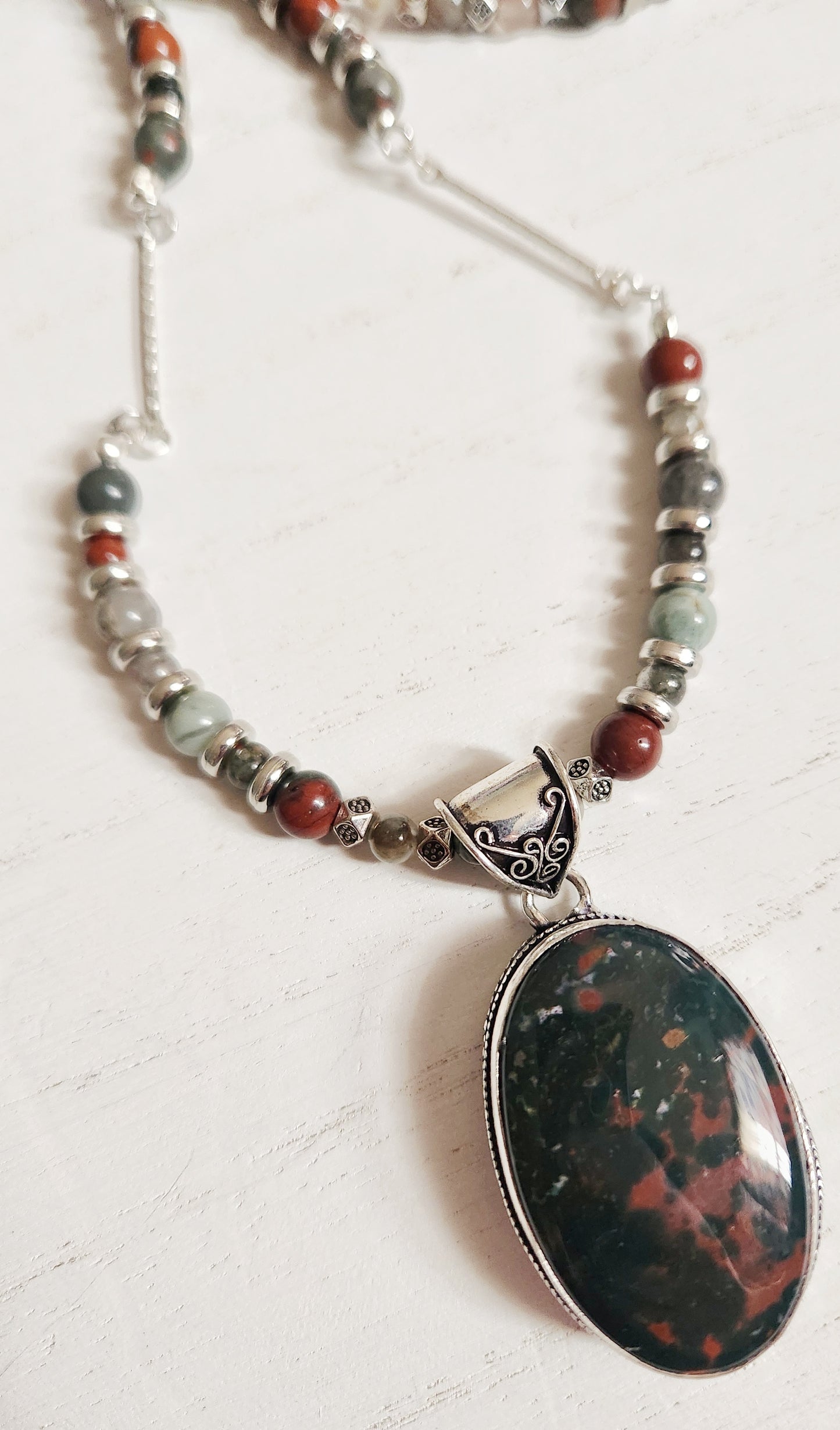 Bloodstone necklace, beaded statement necklace, gift for Mom, sister gift, artisan silver jewelry