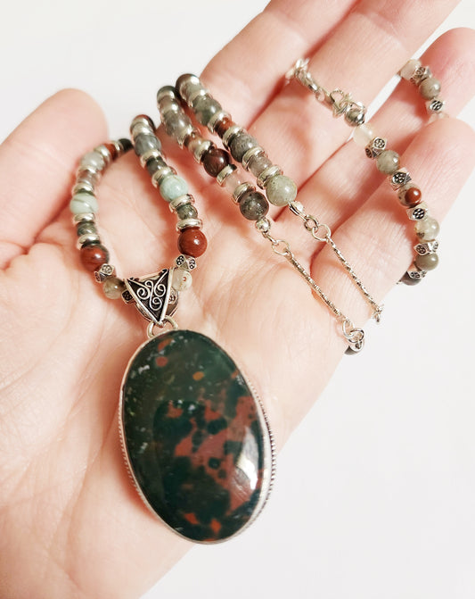 Bloodstone necklace, beaded statement necklace, gift for Mom, sister gift, artisan silver jewelry