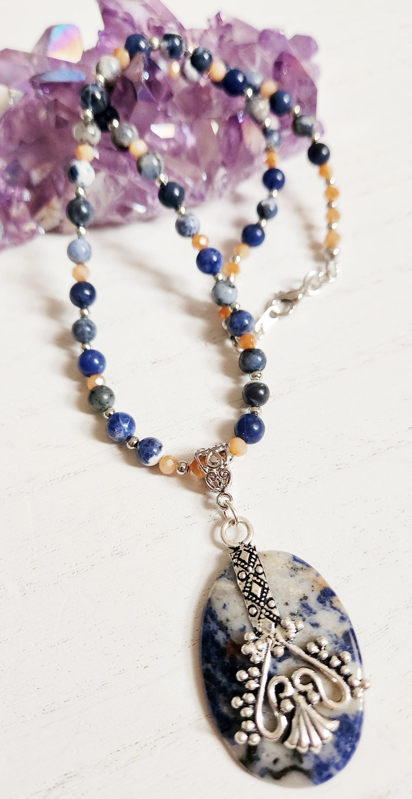 Sodalite gemstone necklace, beaded statement necklace, gift for Mom, sister gift, artisan silver jewelry